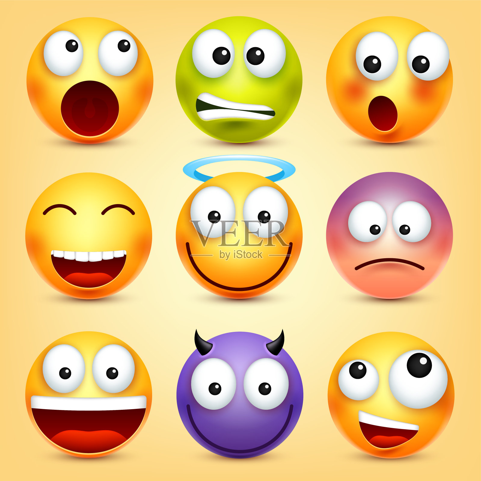 笑脸,表情符号。黄脸带着情绪。面部表情。3 d现实emoji。有趣的卡通character.Mood。网络图标。矢量图图标素材
