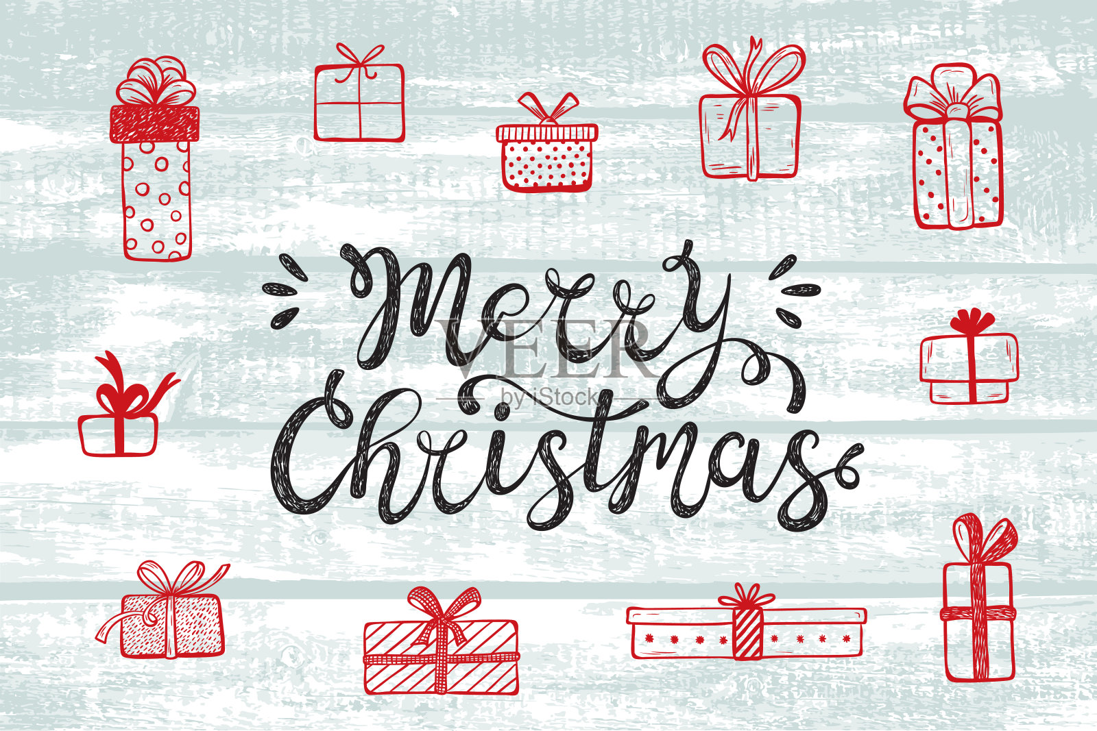 矢量冬季淡蓝色木制背景。圣诞贺卡与手写书法和圣诞礼物。木头旧的破旧的别致的纹理。古董枯燥乏味的背景插画图片素材
