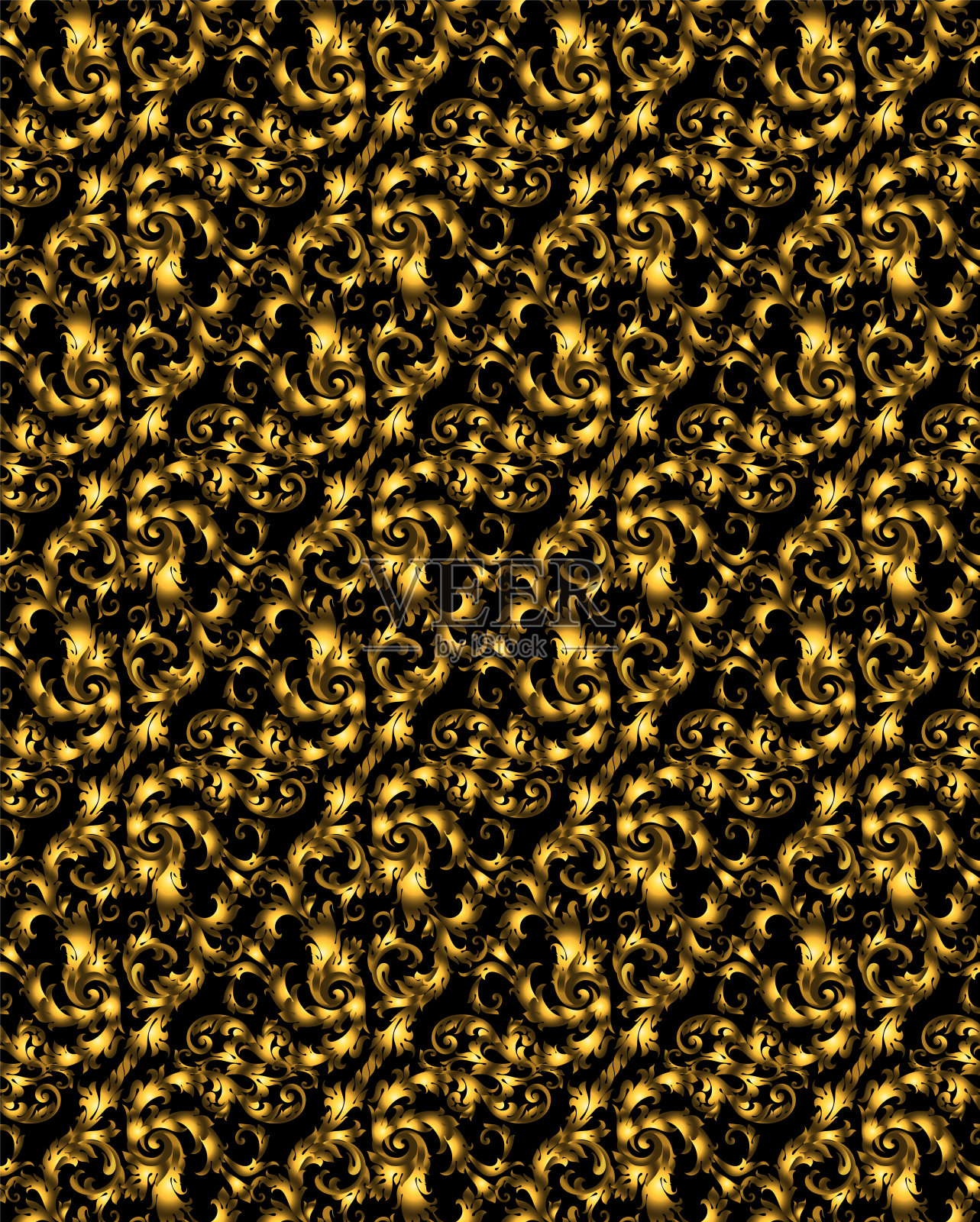 金色复古无缝图案，黑色背景上有很多细节元素。插画图片素材
