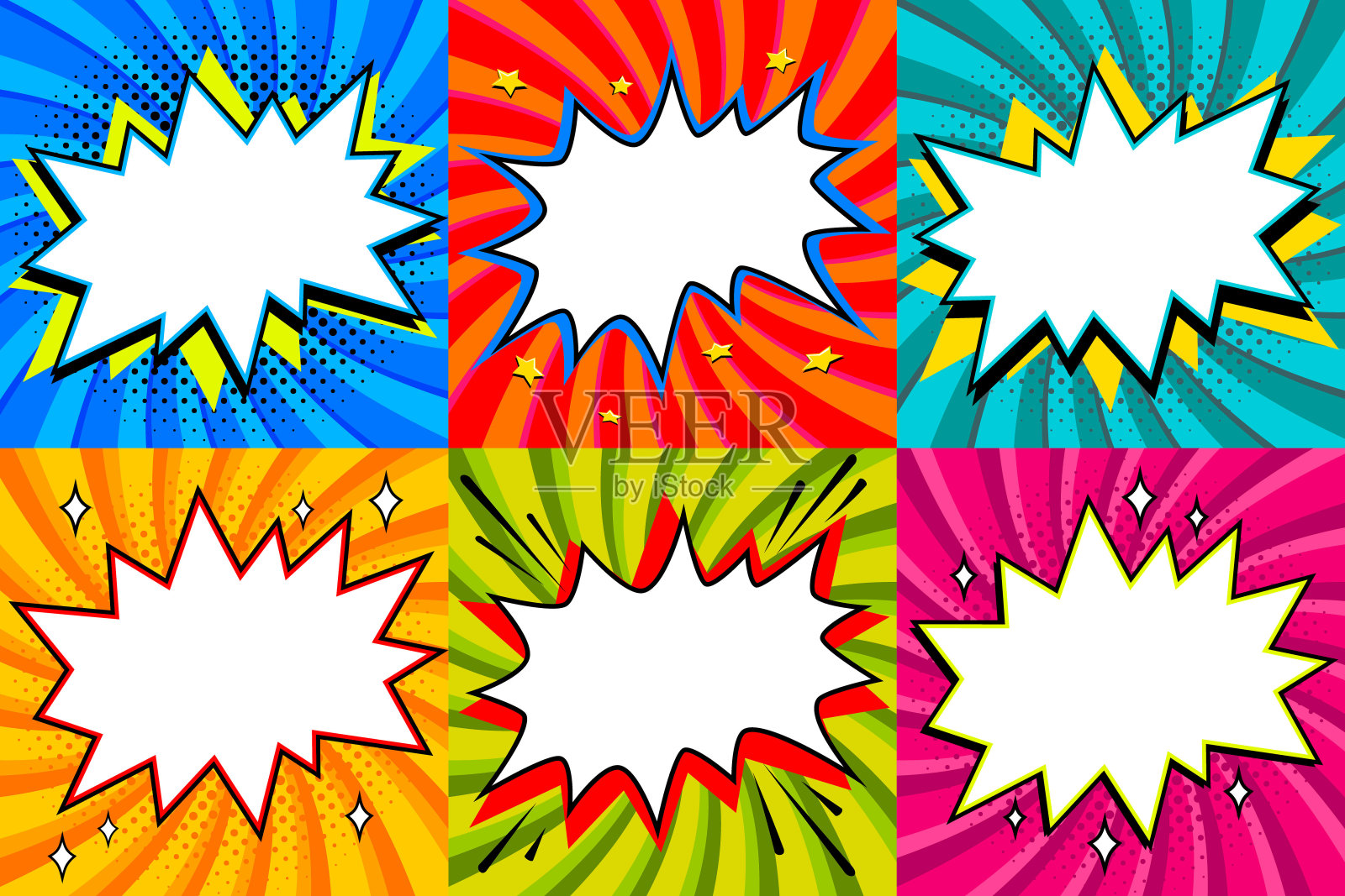 对话框设置。波普艺术风格的空白语音气泡模板为您的设计。在彩色扭曲的背景上清晰的空洞喜剧演讲泡泡。理想的网页横幅设计元素图片