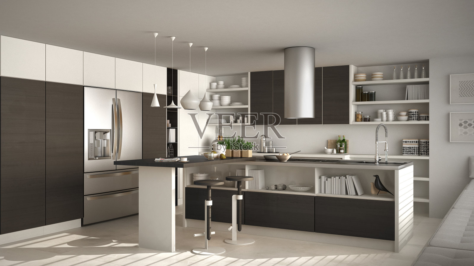 现代木制厨房与木制的细节，白色和灰色的简约室内设计照片摄影图片