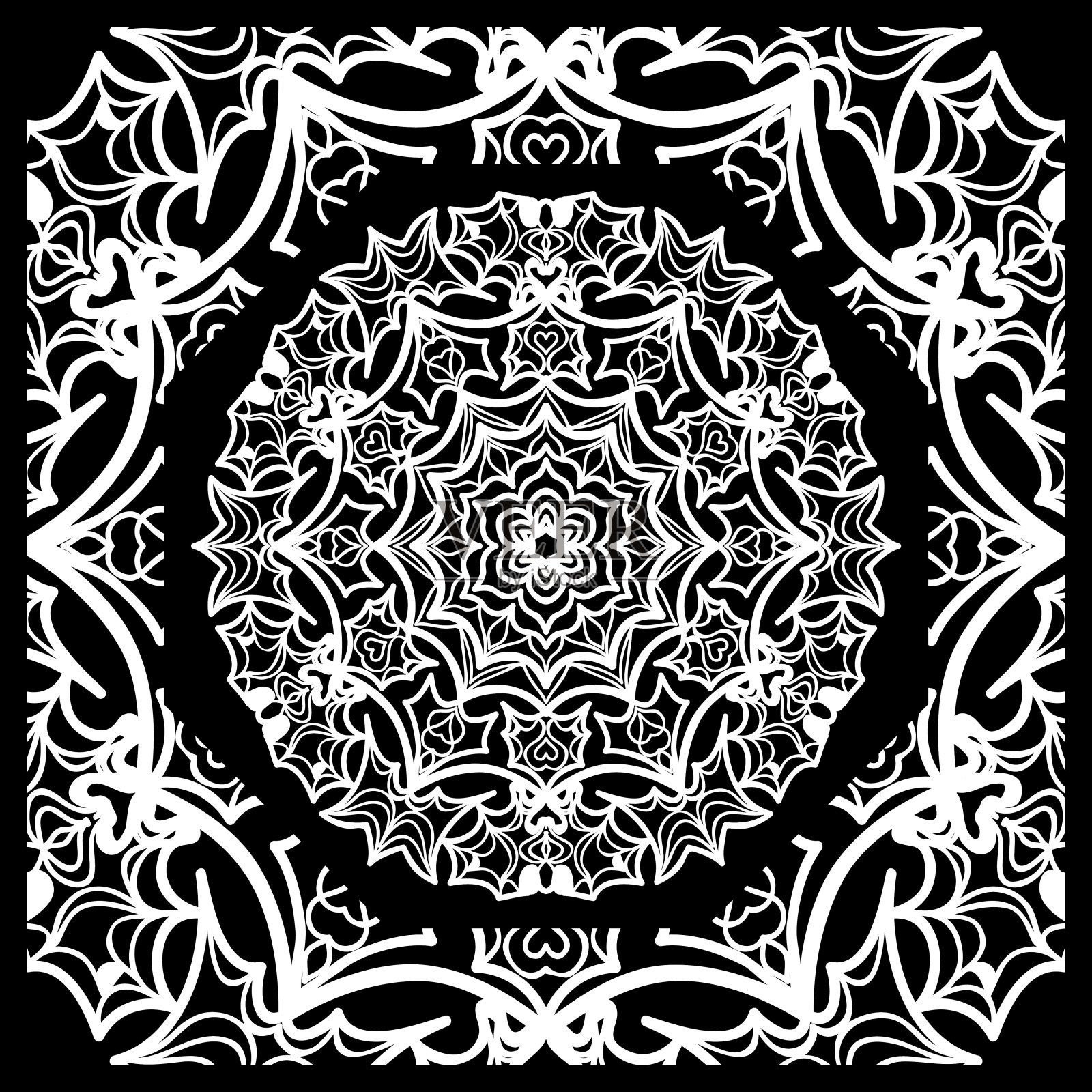 矢量插图。花样与花卉曼陀罗，装饰边界。印花面料，手帕设计插画图片素材