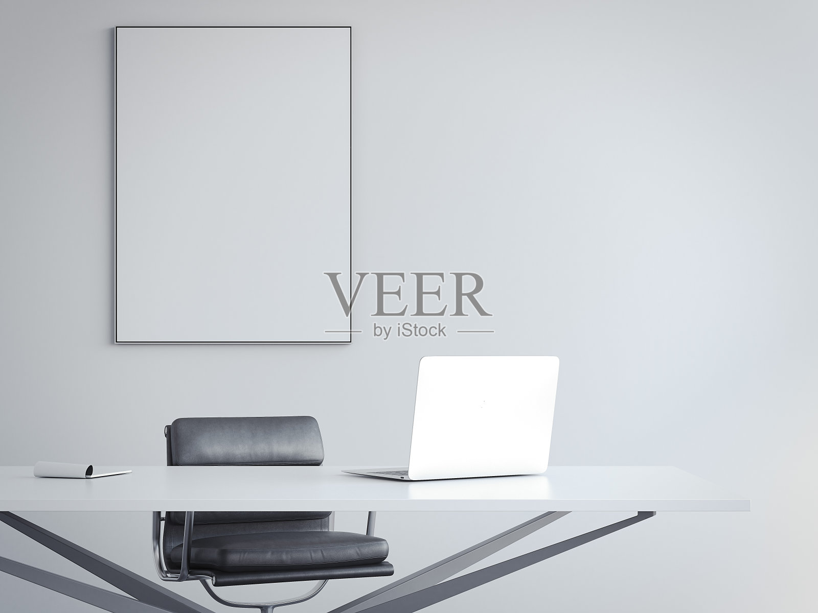 明亮的办公室内部，工作场所和相框。三维渲染设计元素图片