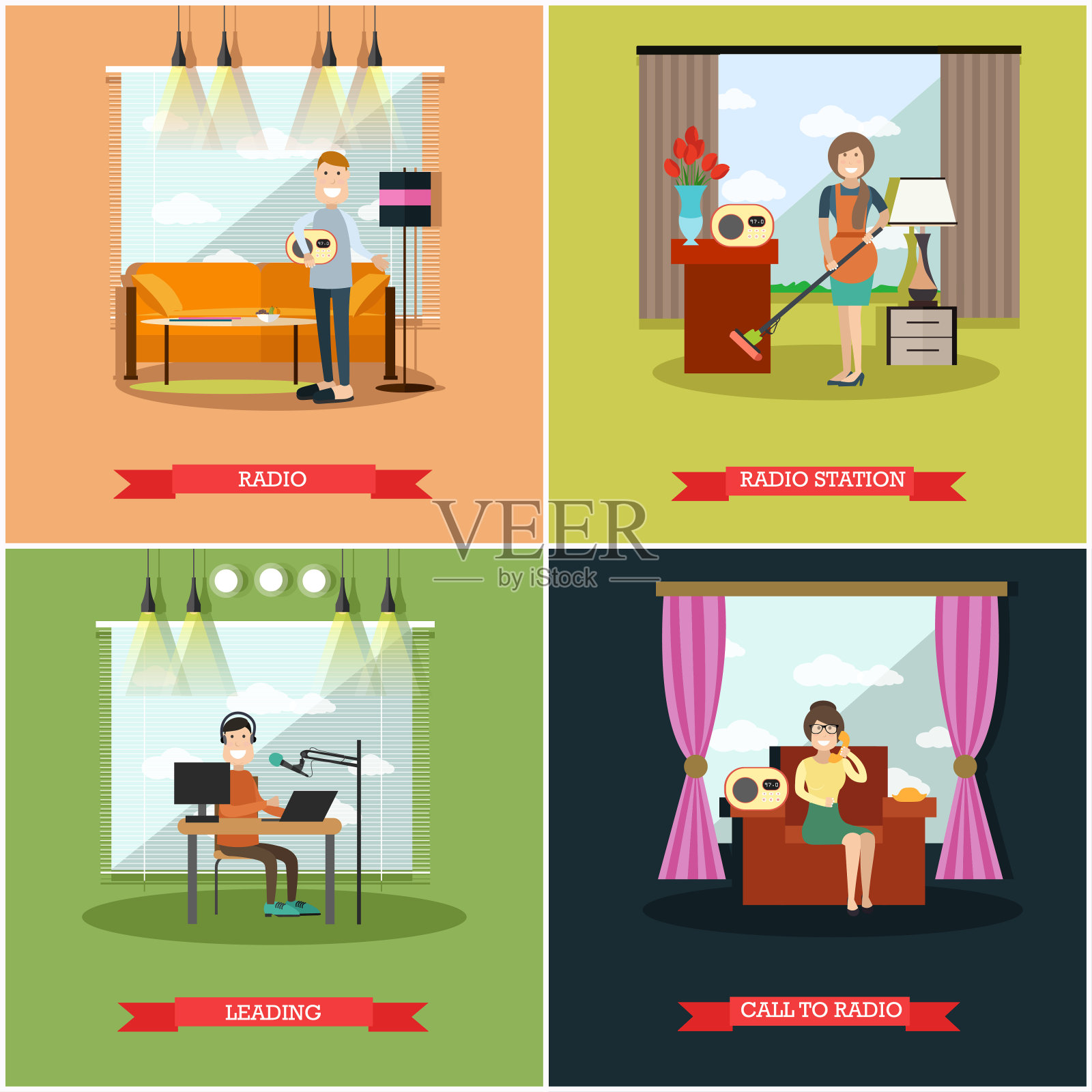 矢量集电台海报，横幅在平面风格设计模板素材