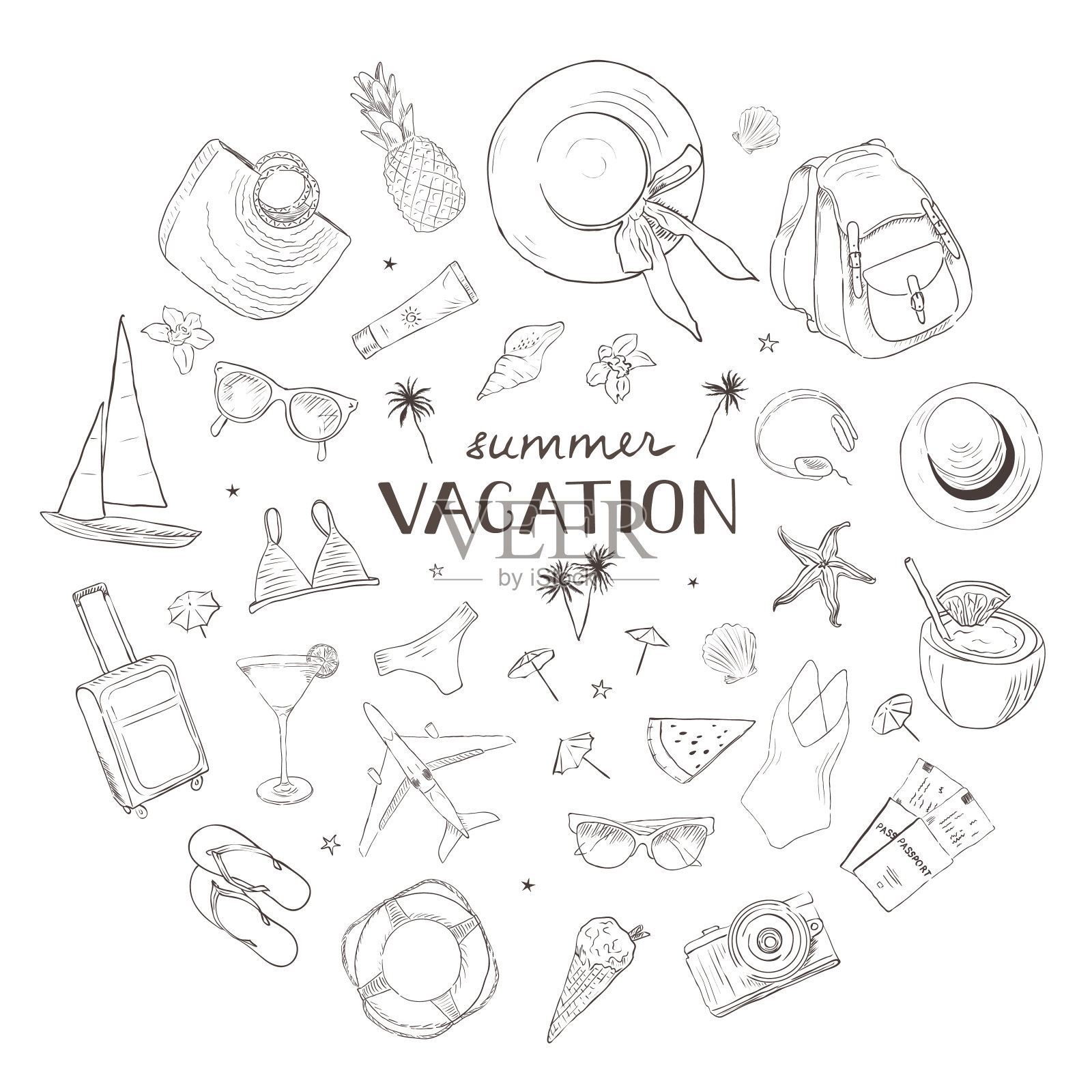 度假背景：线性图形，浪漫的夏季旅行假期矢量图插画图片素材