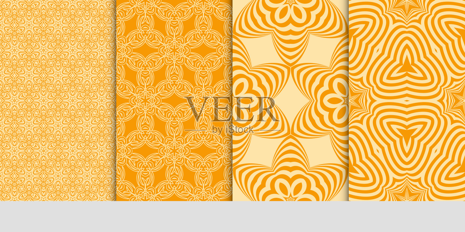 套艺术无缝图案与几何花卉装饰。橙颜色。矢量图插画图片素材