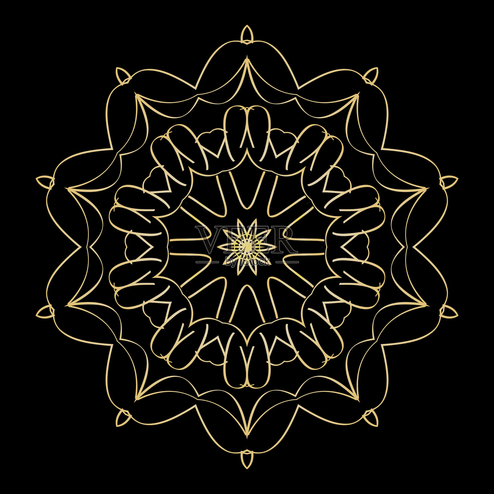 民族金色曼荼罗。黑色背景。花纹。矢量插图。插画图片素材