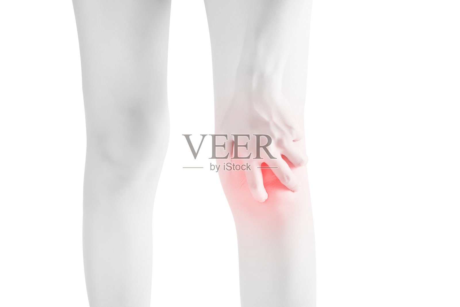 白色背景下孤立的女性膝盖急性疼痛。白色背景上的剪切路径。照片摄影图片