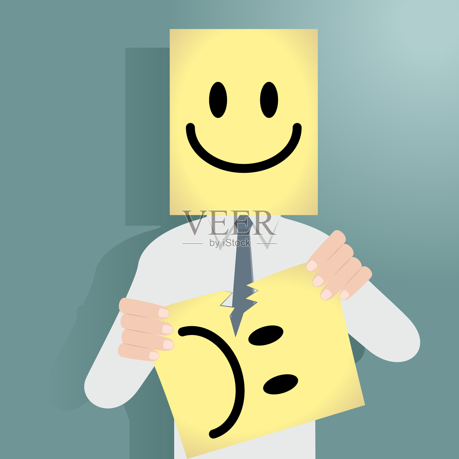 商人在快乐的面具后面撕扯着不快乐的面具插画图片素材