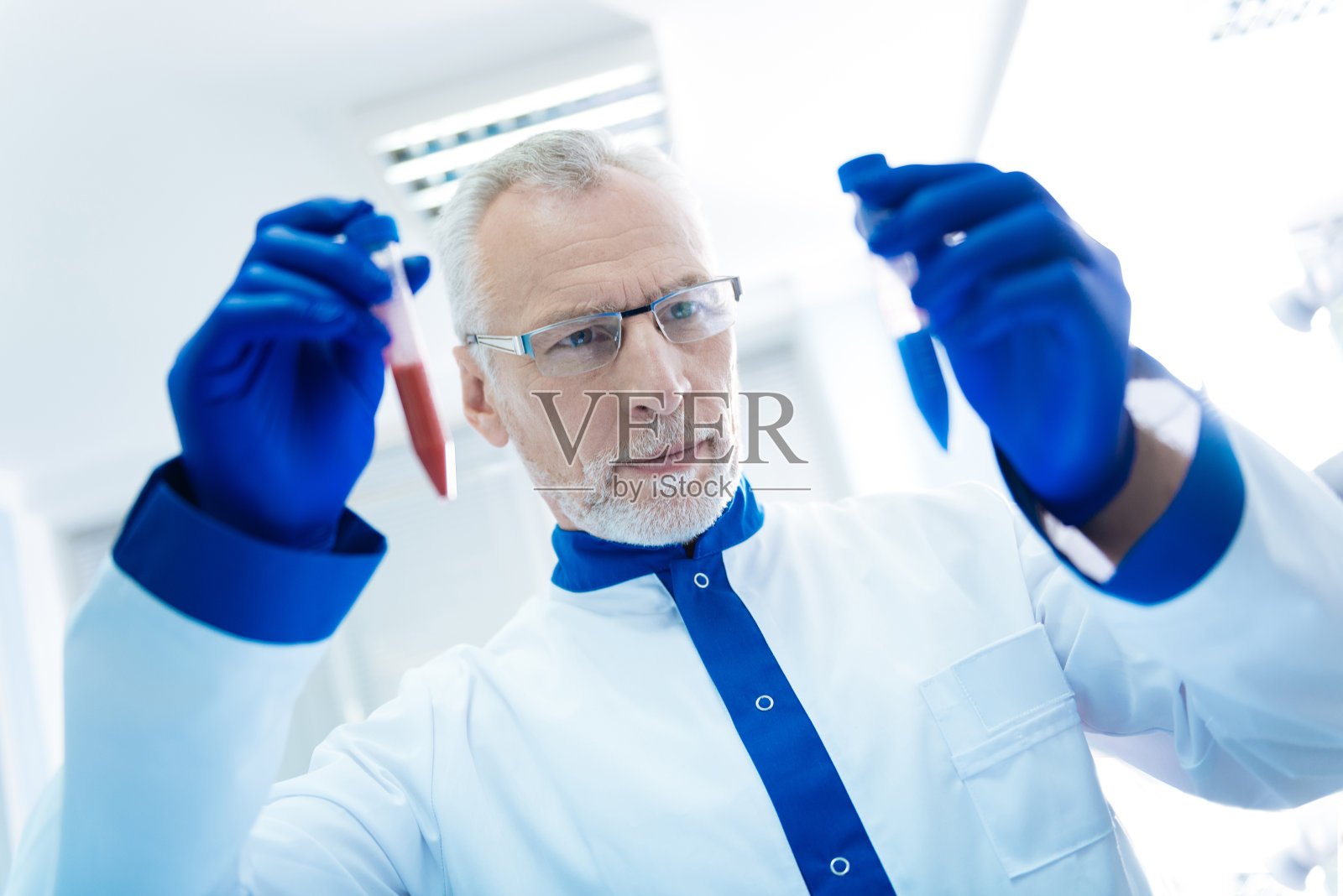 聪明的白发科学家拿着试管照片摄影图片