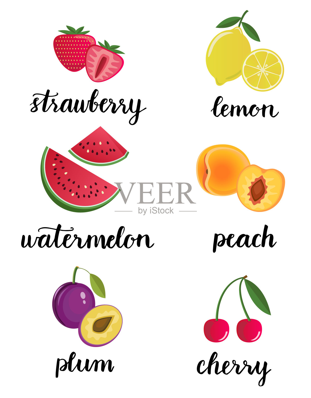 新鲜水果。草莓，桃子，李子，西瓜，樱桃，柠檬。文字元素，书法产品名称。插画图片素材