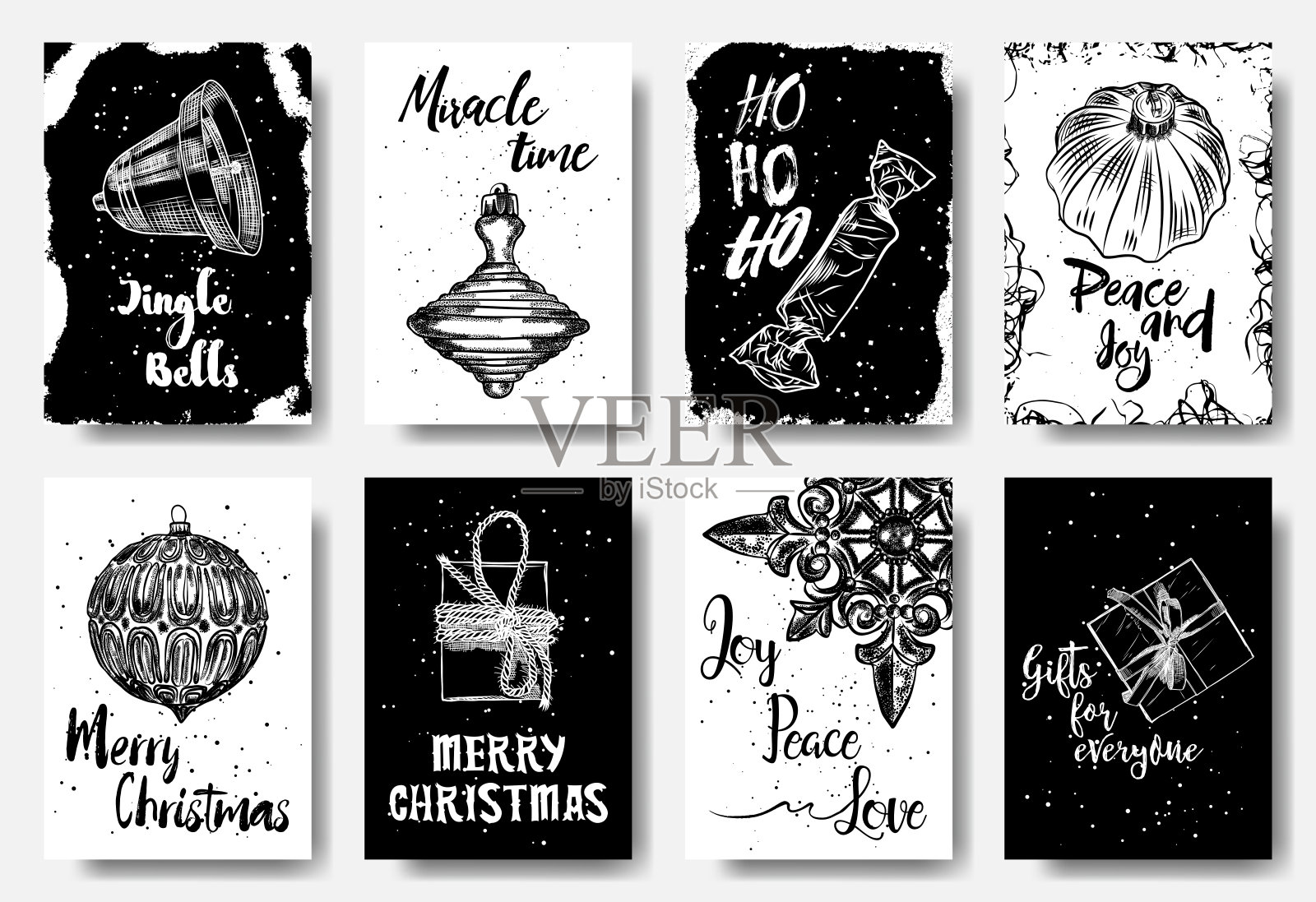 8张手绘圣诞新年贺卡套装，含Jingle Bells、Miracle Time等祝福语插画图片素材