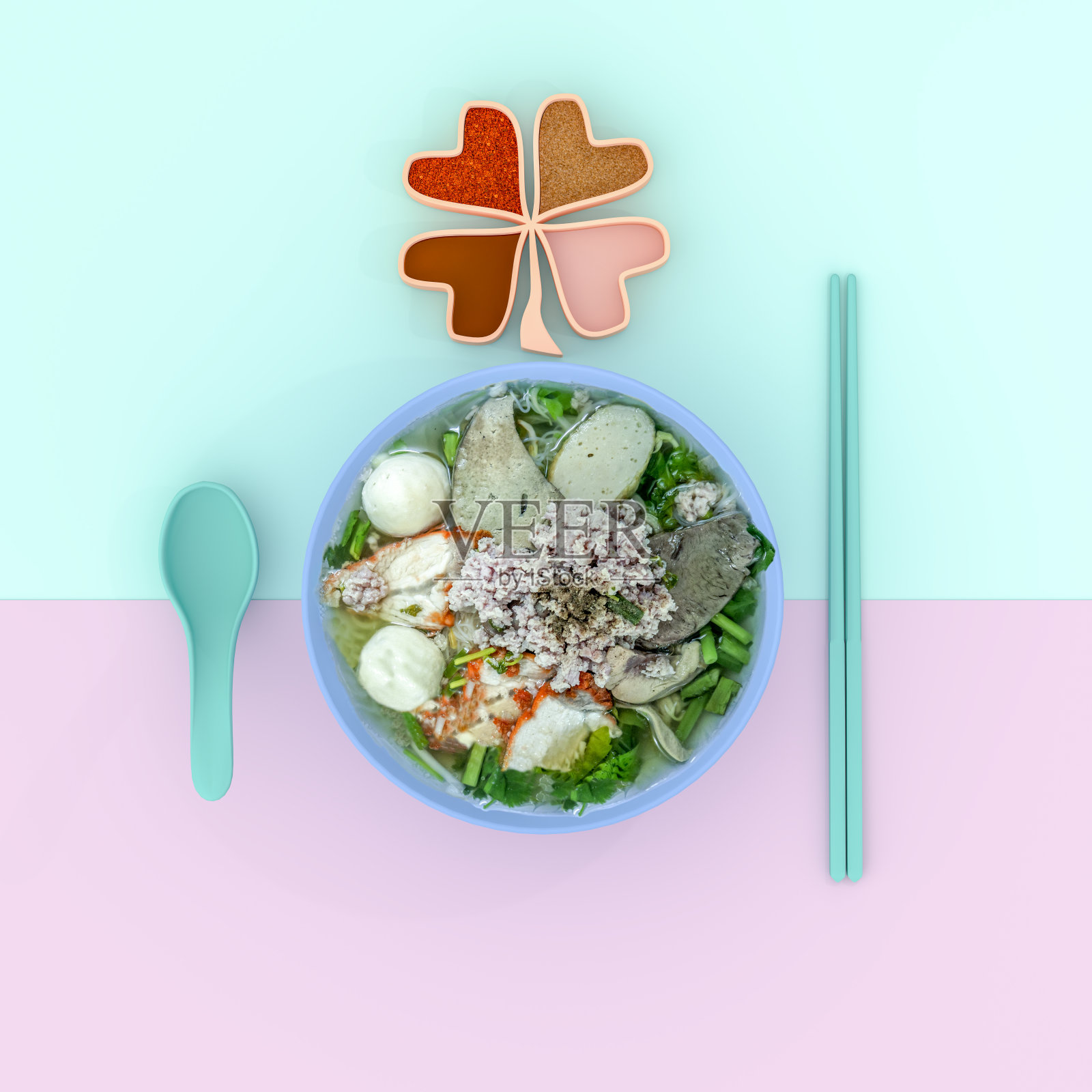 汤面清汤和猪肉在一个蓝色的碗插画图片素材