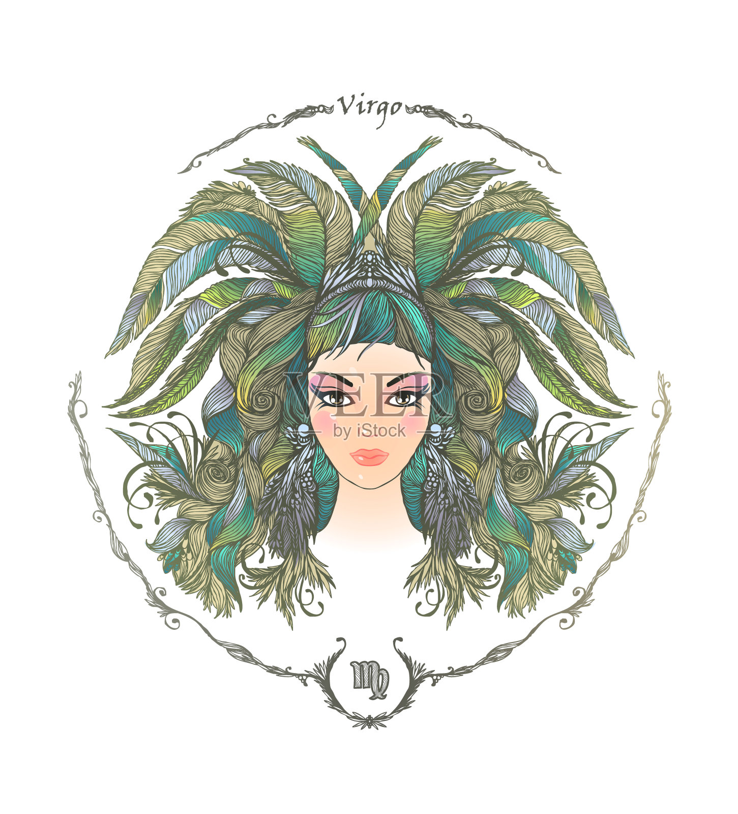 星座。一个女人的肖像。处女座插画图片素材