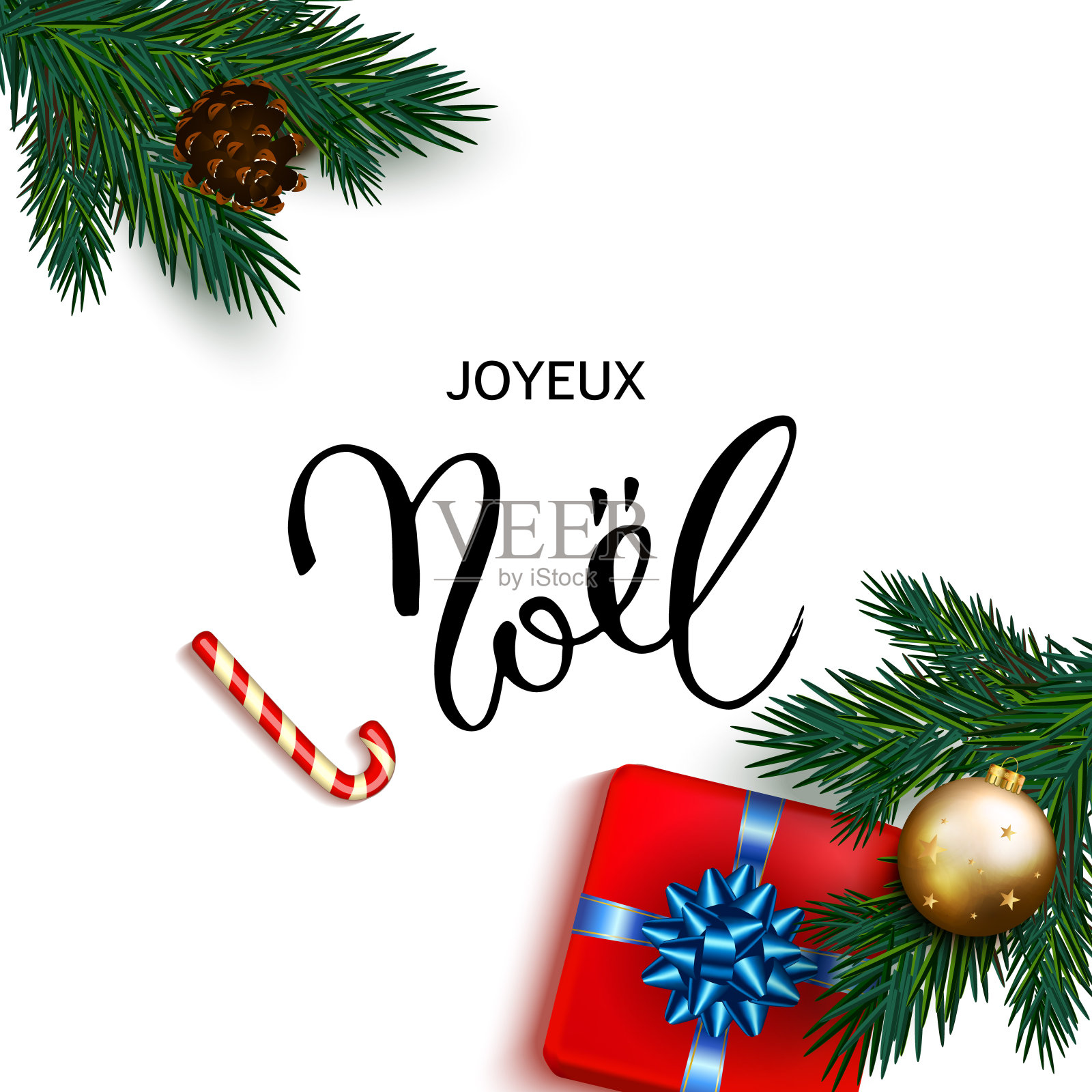 法国圣诞快乐圣诞贺卡与盒子礼物蝴蝶结，糖果手杖，泡沫。圣诞装饰品装饰。向量书法刻字插画图片素材