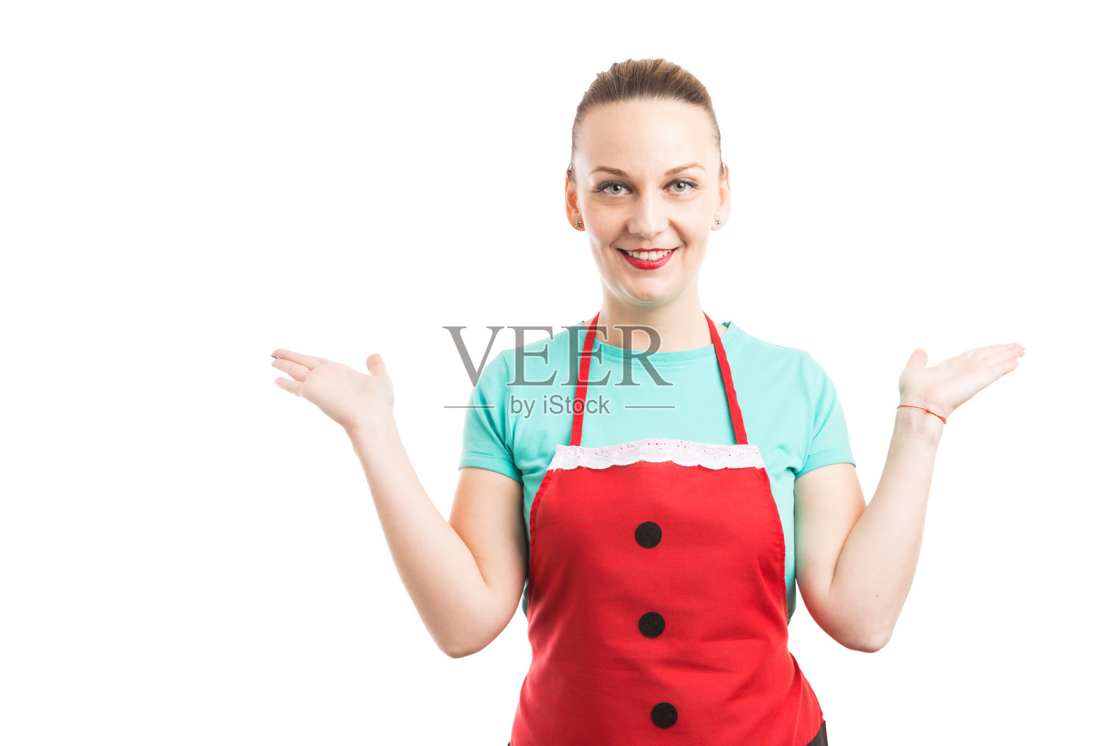 年轻的女佣或家庭主妇持有拷贝空间照片摄影图片