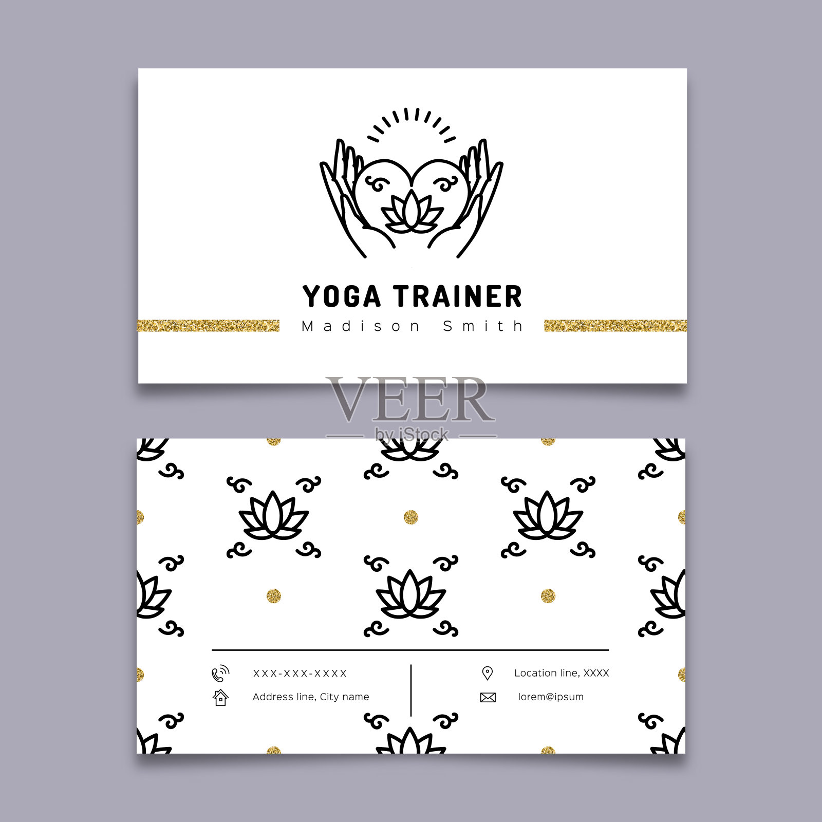 矢量瑜伽教练名片模板，冥想图标，莲花图案插画图片素材