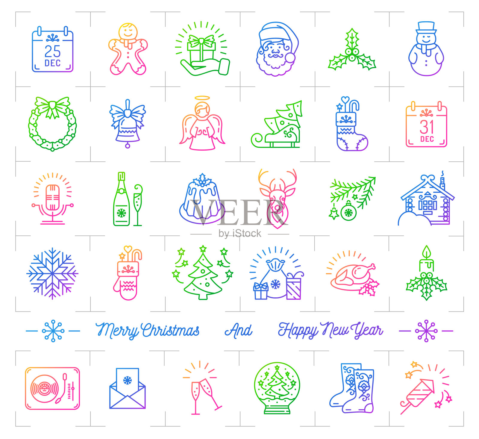 圣诞标志集，新年孤立的象征。寒假细线图标。时尚的渐变图标最小设计。向量的迹象图标素材