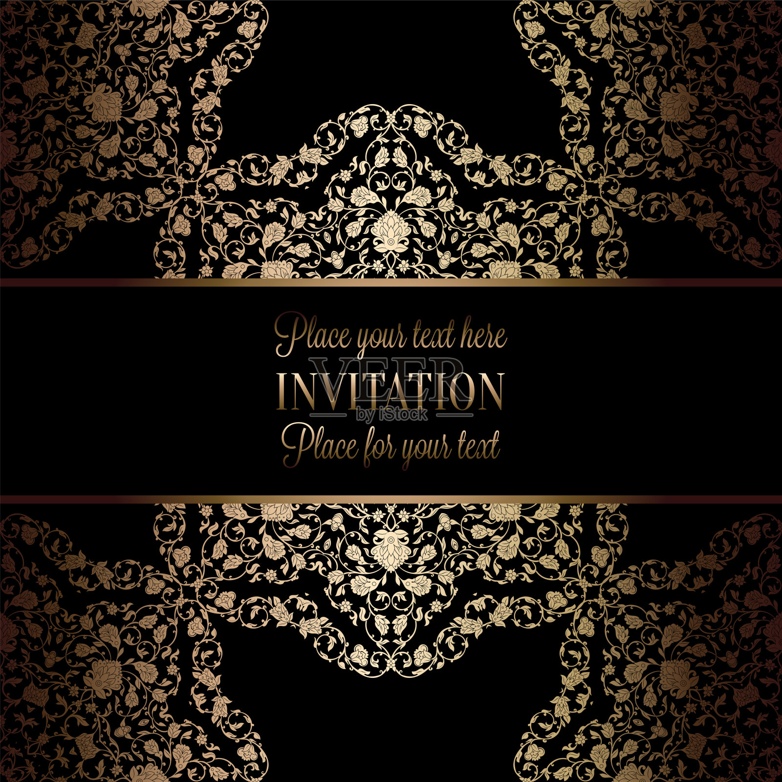 复古巴洛克婚礼邀请模板与缎子背景。婚礼的传统装饰。矢量插图在黑色和金色设计模板素材