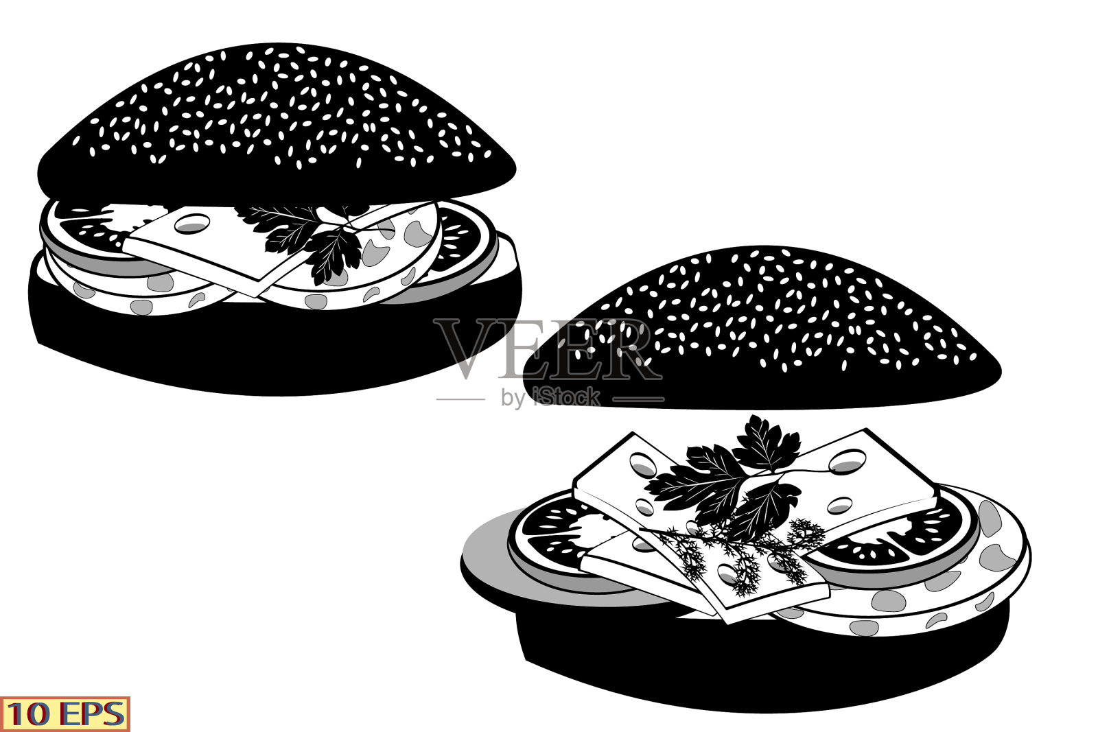 三明治配西红柿，香肠，奶酪，欧芹。黑色的图标。早餐美味的三明治。快餐,零食。插画图片素材