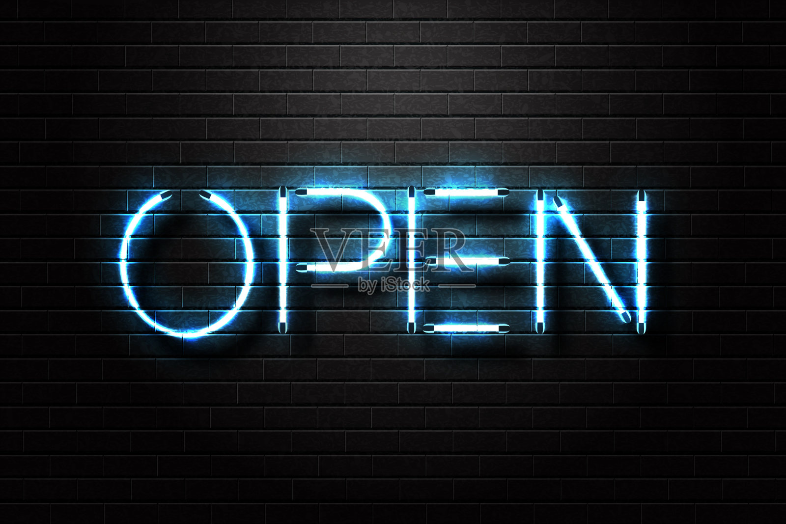 矢量现实孤立霓虹标志开放字体装饰和覆盖在墙壁背景。插画图片素材