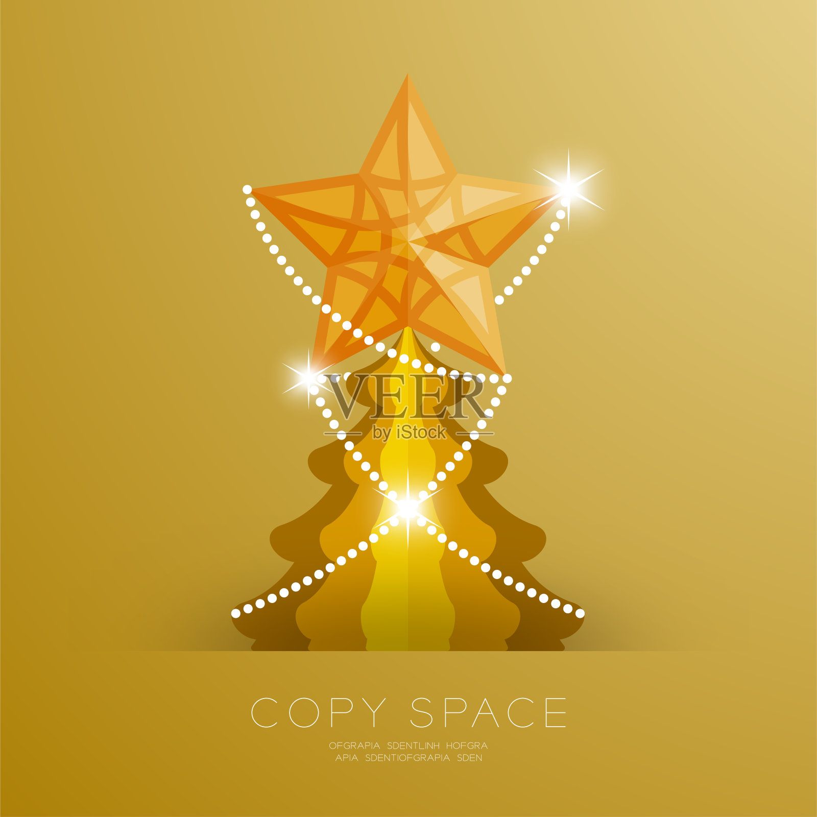 金星与图案和圣诞树设置插图孤立在金色渐变背景，与复制空间插画图片素材