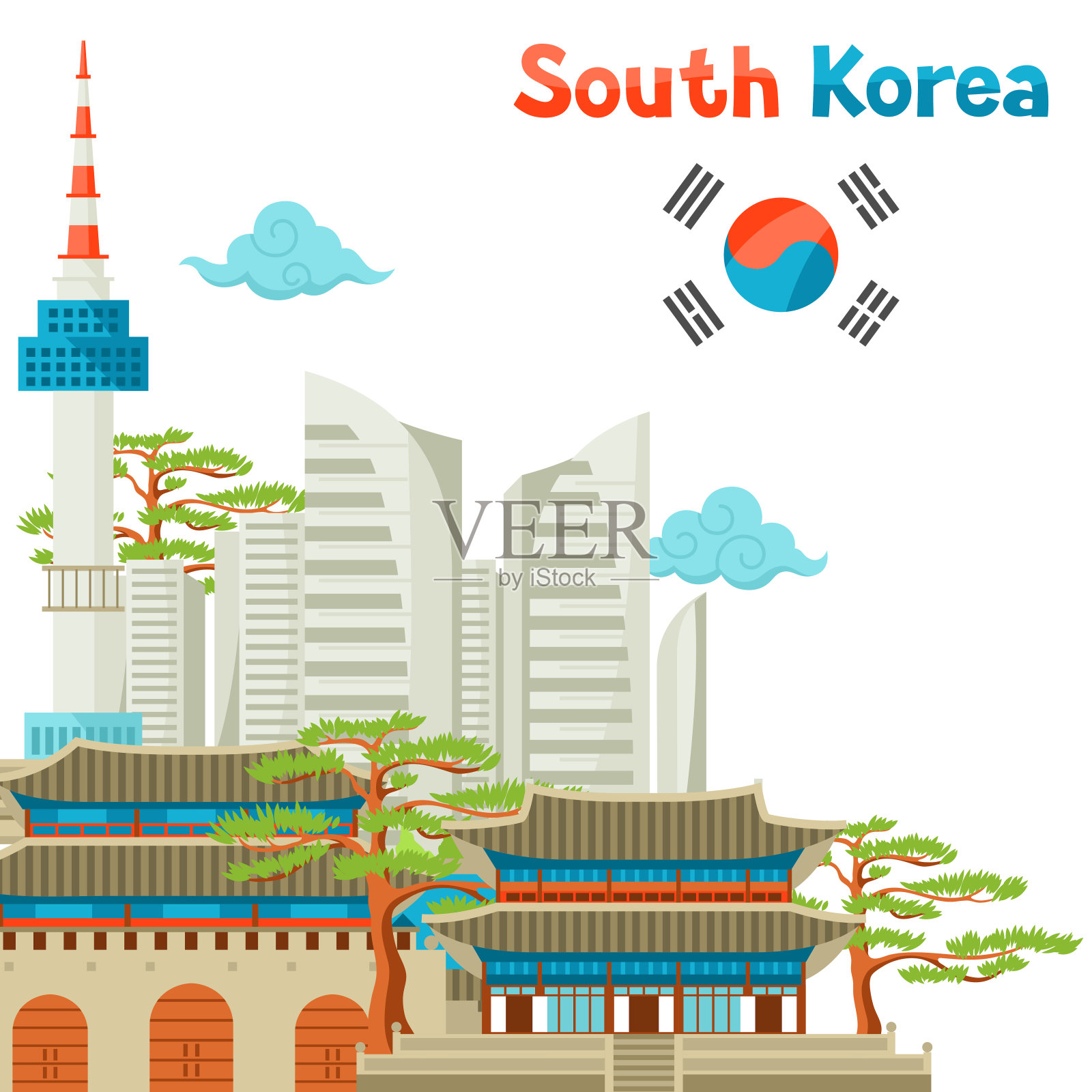 韩国历史与现代建筑背景设计插画图片素材