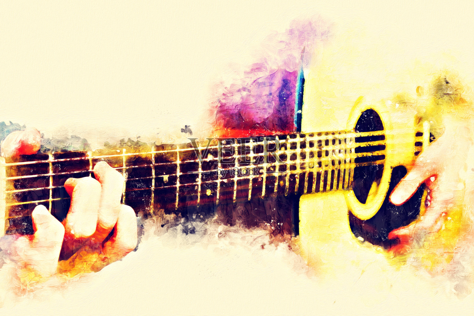 抽象美丽的吉他演奏在前景，水彩画背景和数字插画刷艺术。插画图片素材