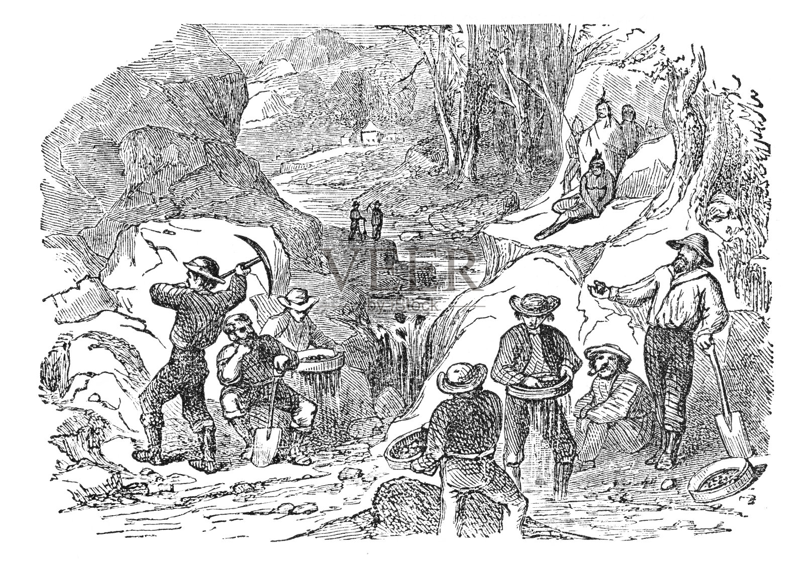 淘金热的人们在加利福尼亚河里洗金子插画图片素材