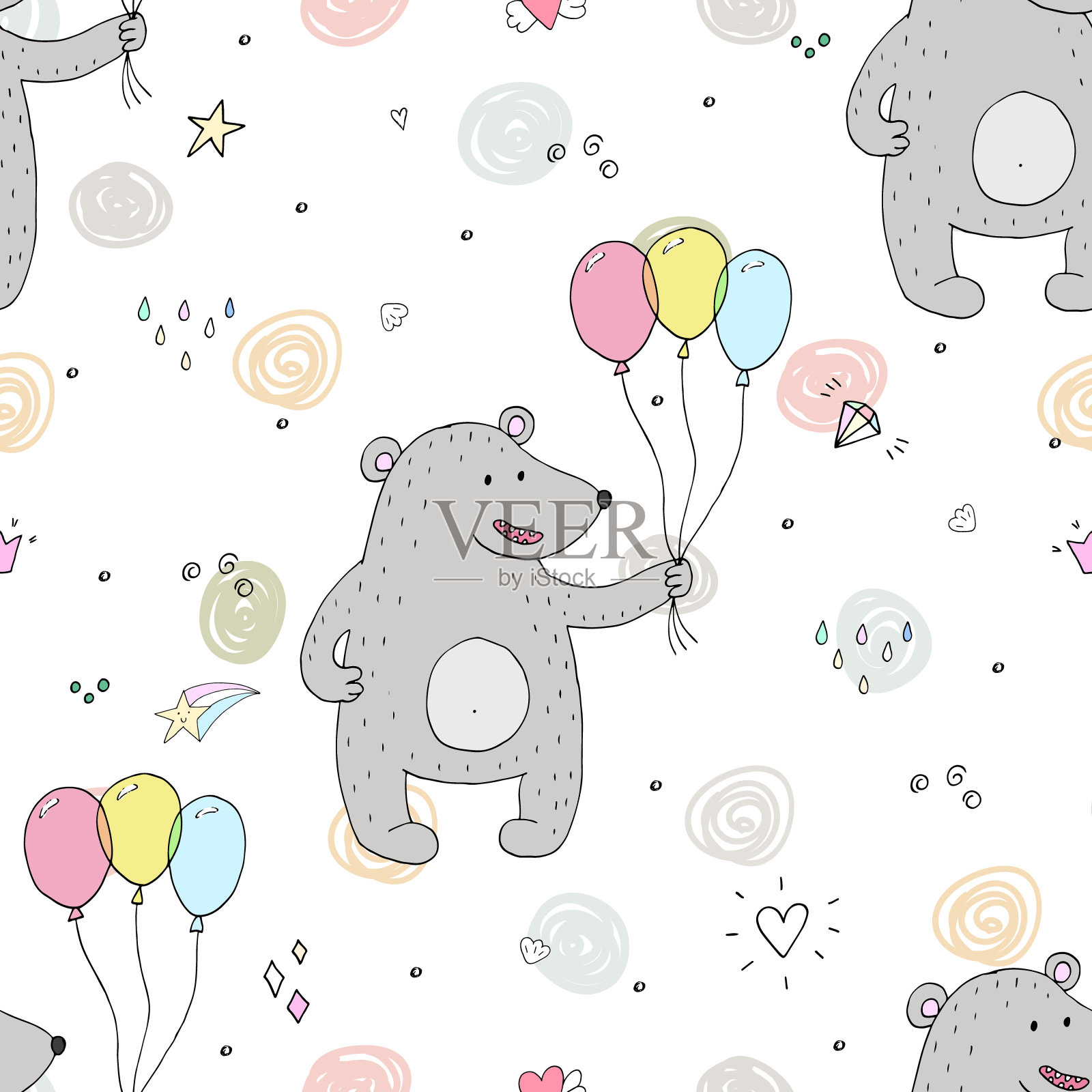 可爱的无缝图案与有趣的泰迪熊。矢量图插画图片素材