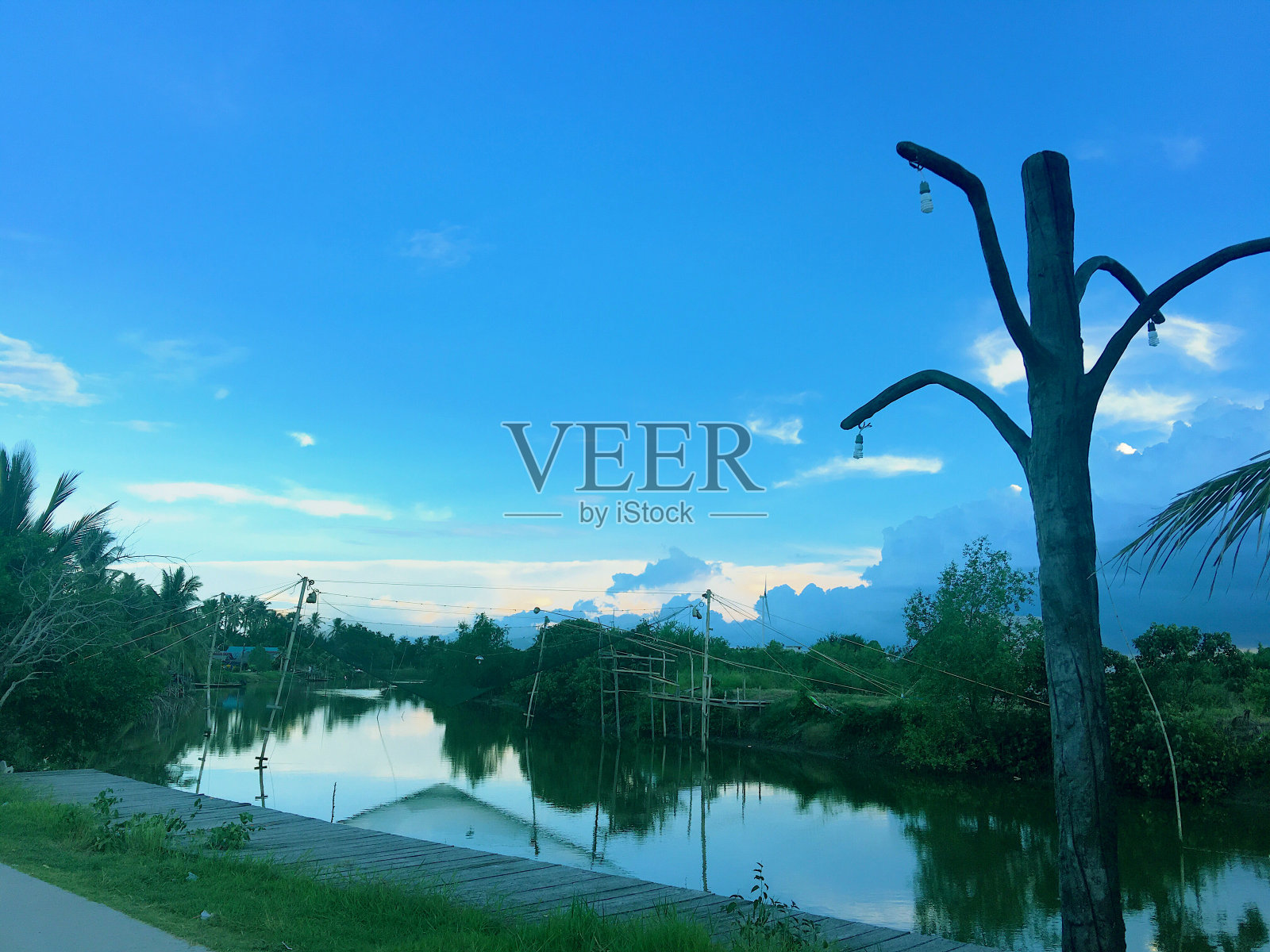 村庄附近的一条运河，村民们来这里捉鱼吃。网眼是用来抓鱼的，鱼被拉伸到嵌在水中的圆木上。照片摄影图片