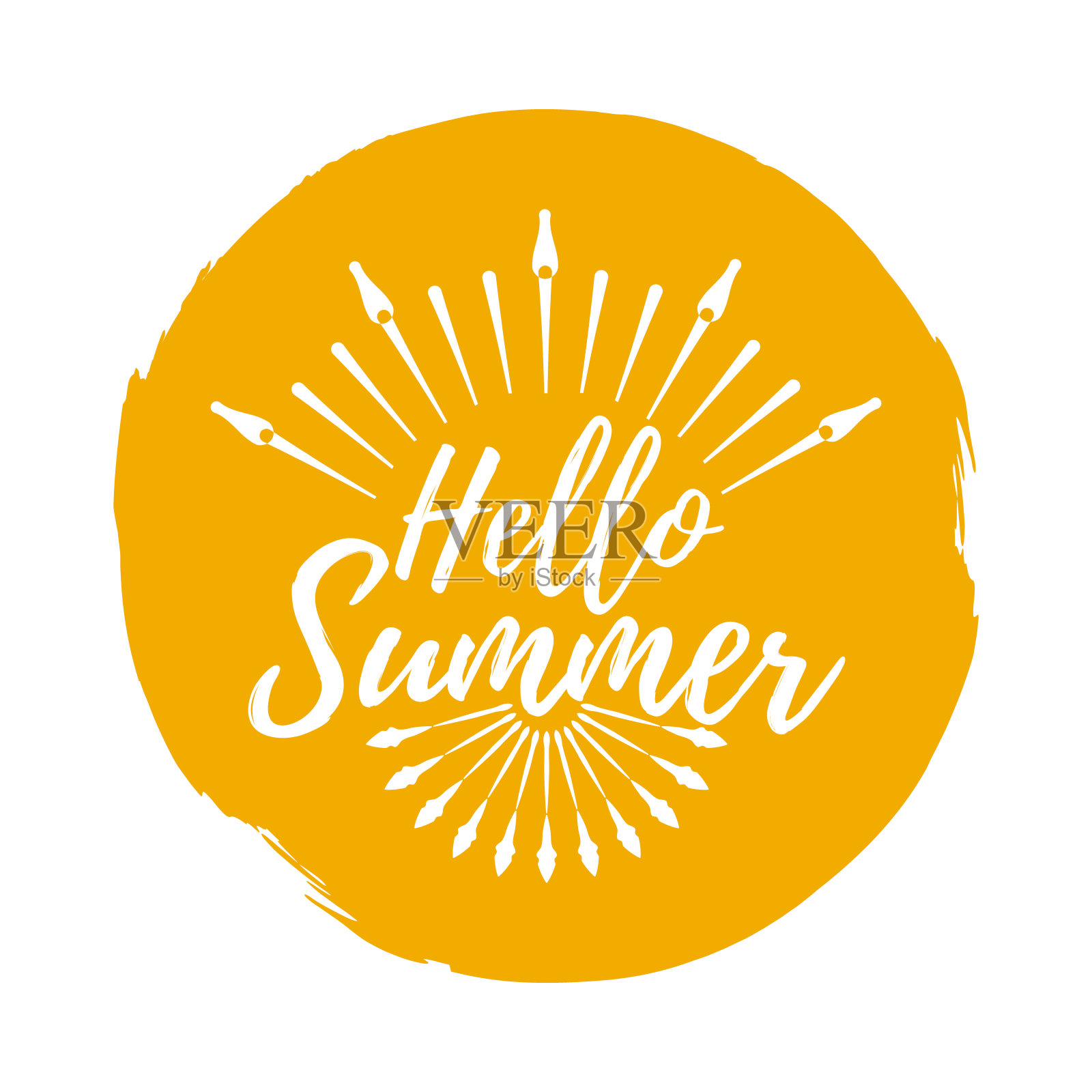 你好,夏天的标签。字体刷。夏季和海滩徽章。矢量插图图标与Sunburst插画图片素材