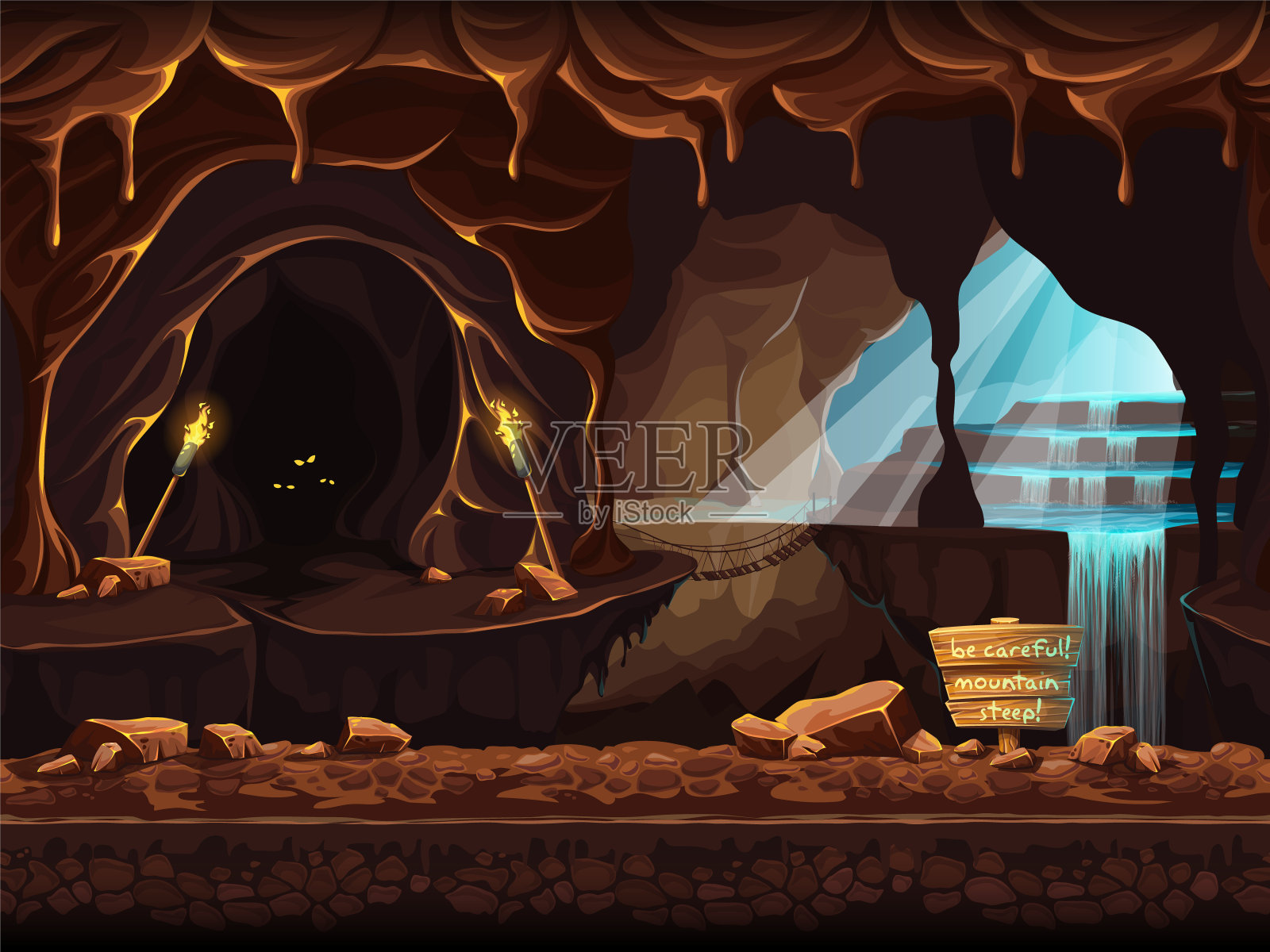 用标志和石头来描绘幻想洞穴插画图片素材