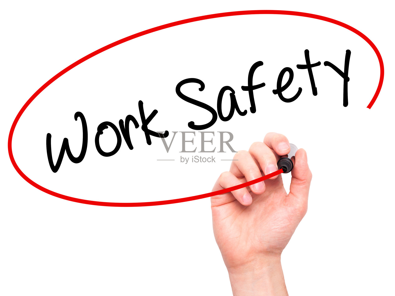 在视觉屏幕上用黑色记号笔书写“安全工作”照片摄影图片