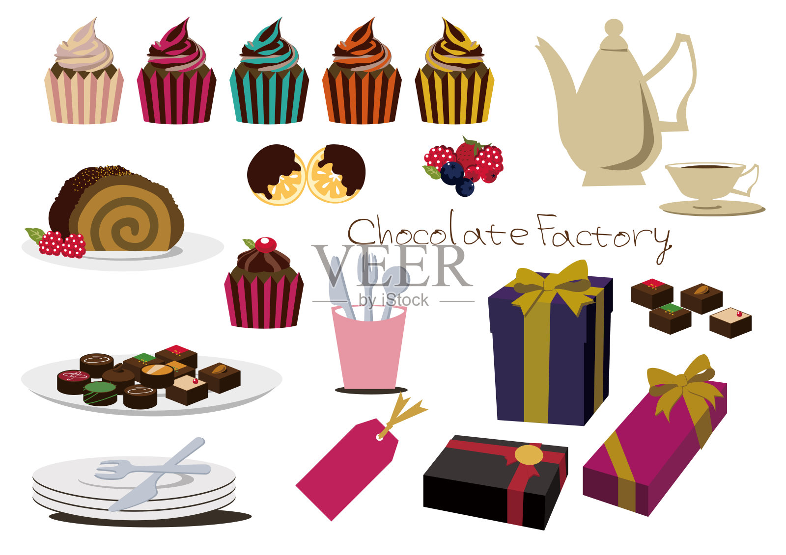 一套巧克力蛋糕。巧克力蛋糕材料收集。情人节材料收集。插画图片素材