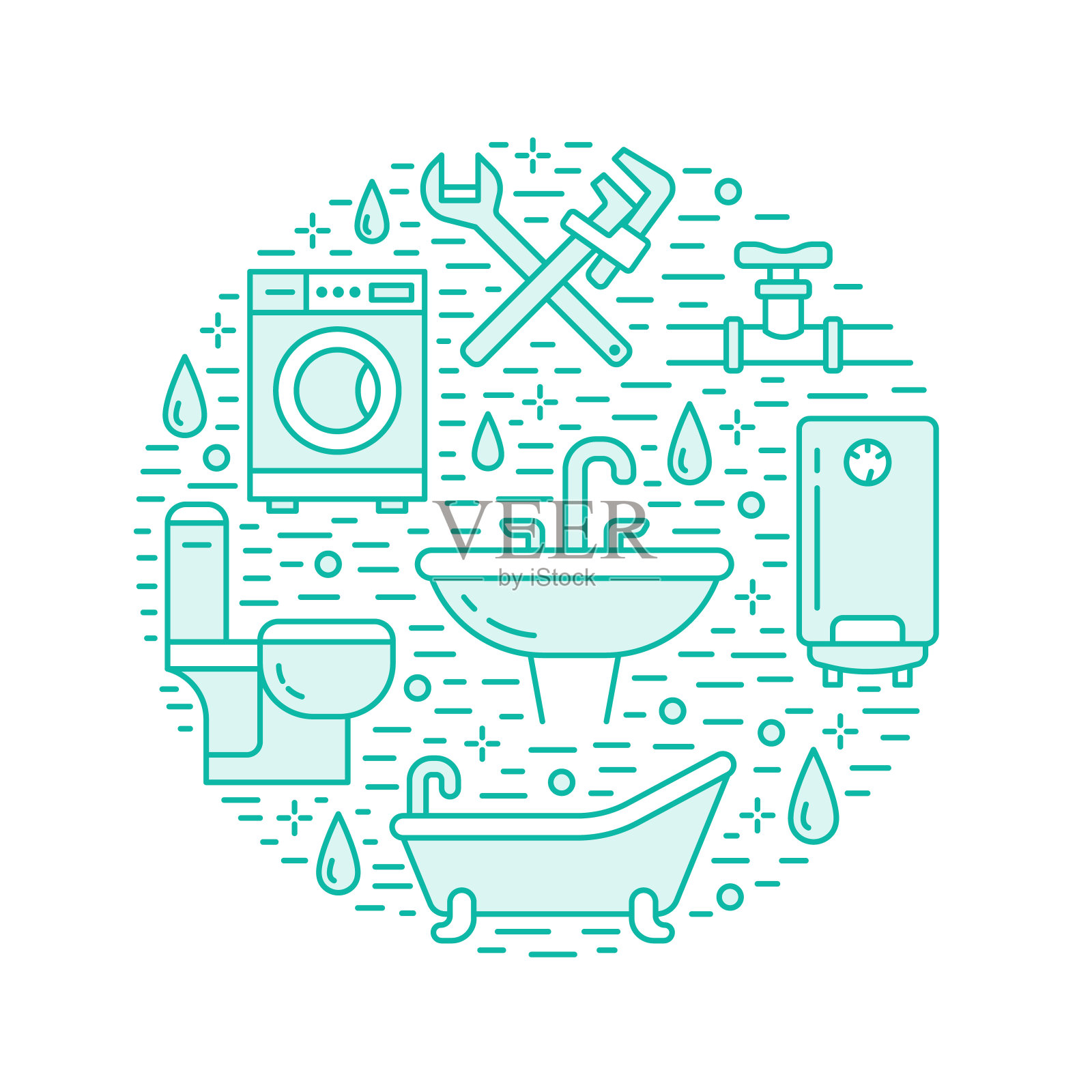 水暖服务蓝色横幅插图。家居浴室设备、水龙头、卫生间、管道、洗衣机、锅炉的矢量线图标。管道工维修圈模板插画图片素材