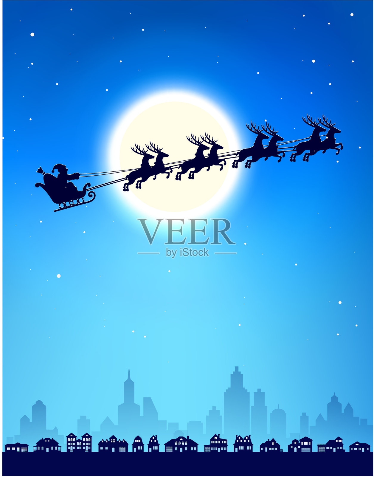 圣诞老人的雪橇越过天际和月亮插画图片素材