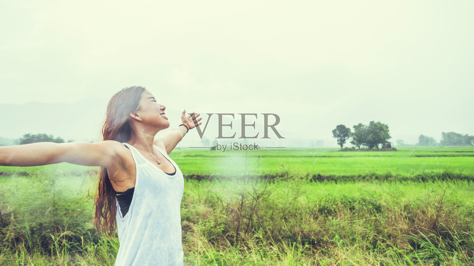 在乡村稻田中享受假期的亚洲女性照片摄影图片