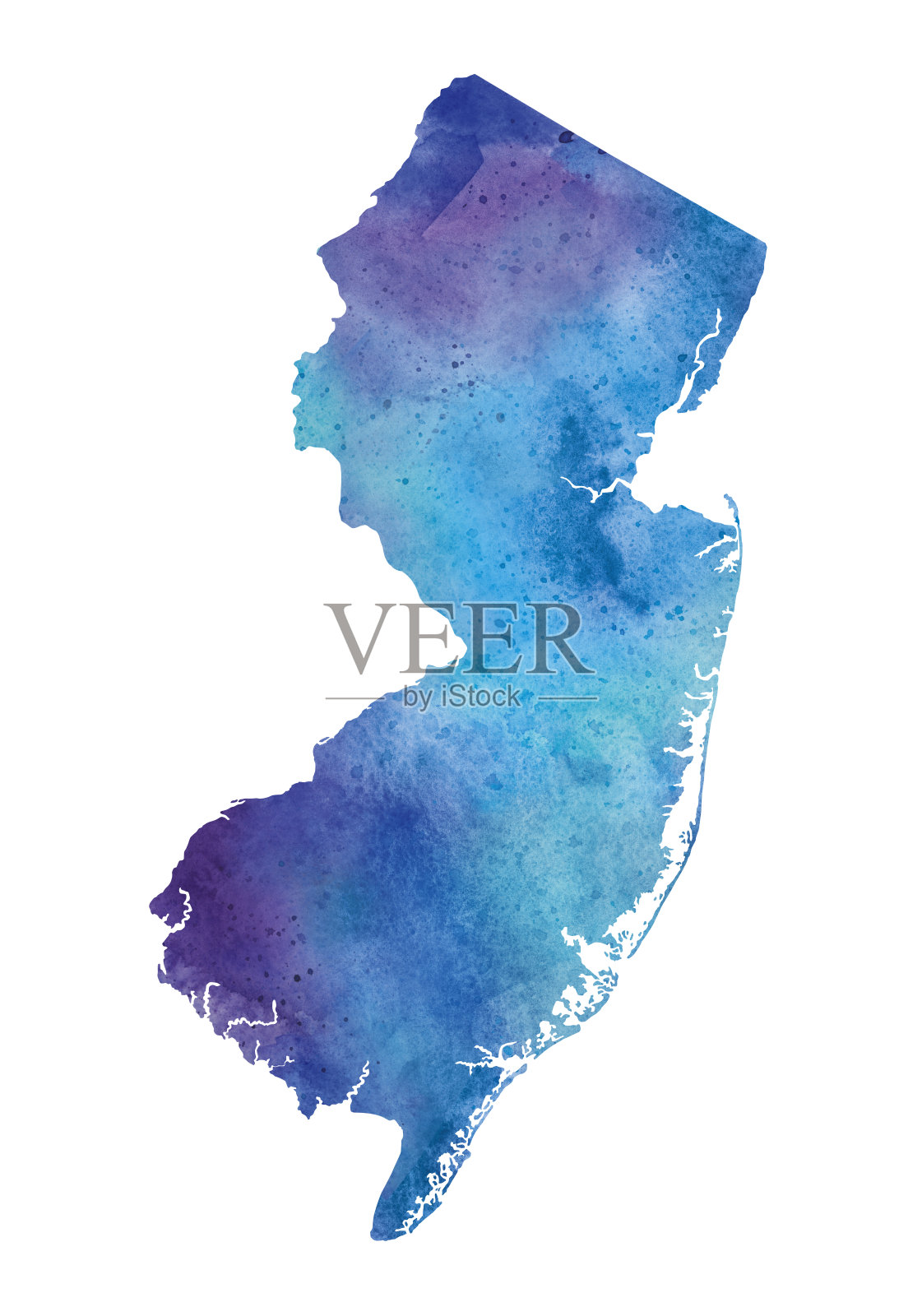 蓝色和紫色新泽西州水彩地图光栅图插画图片素材
