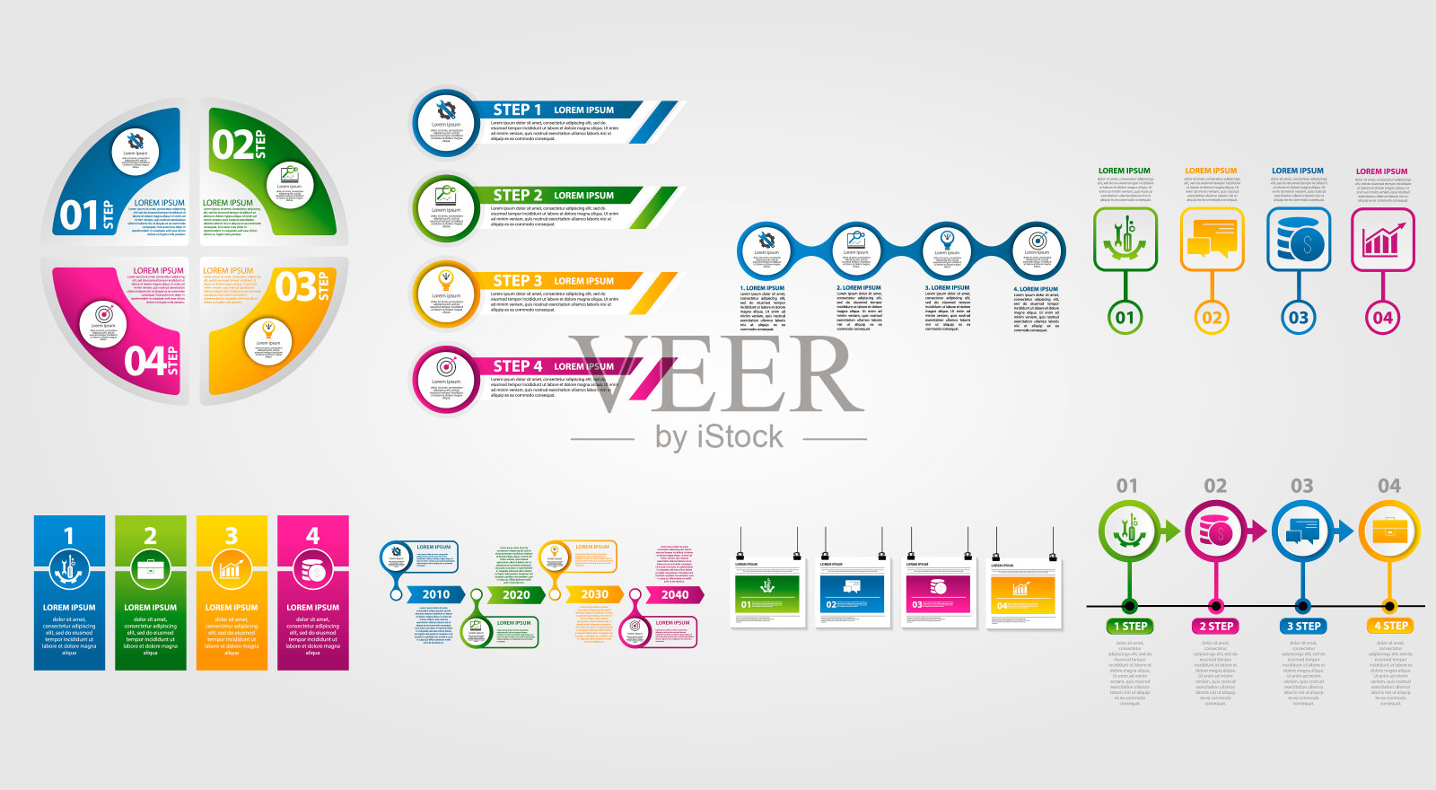 现代矢量插图3d。模板信息图设置四个元素，扇区和百分比。包含图标和文本。专为商业，演示，网页设计，图表4个步骤插画图片素材