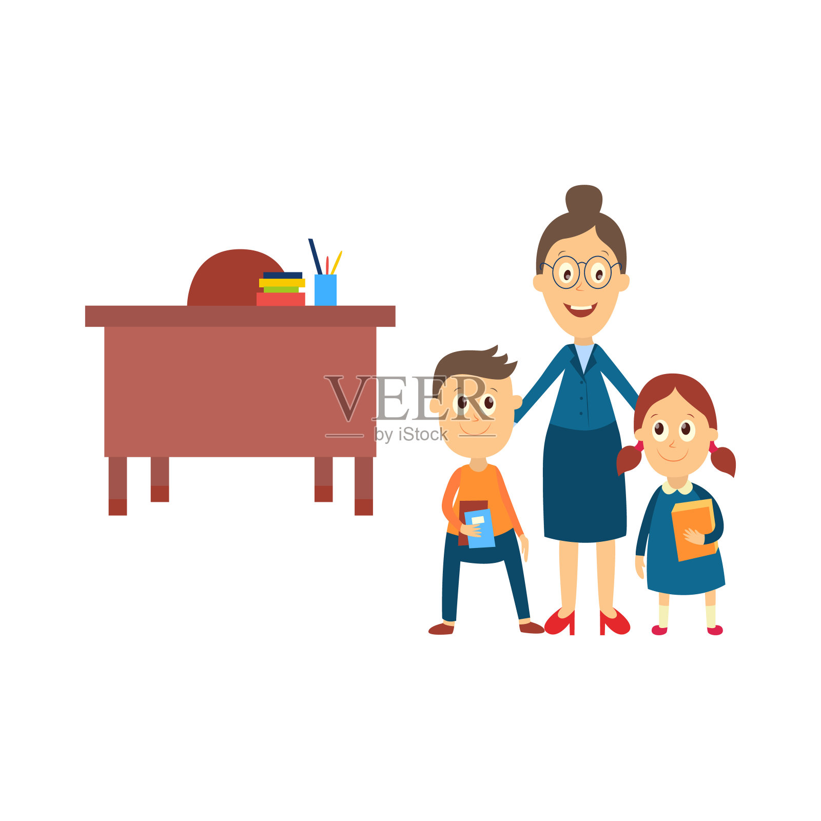 老师和两个学生站在教室里插画图片素材