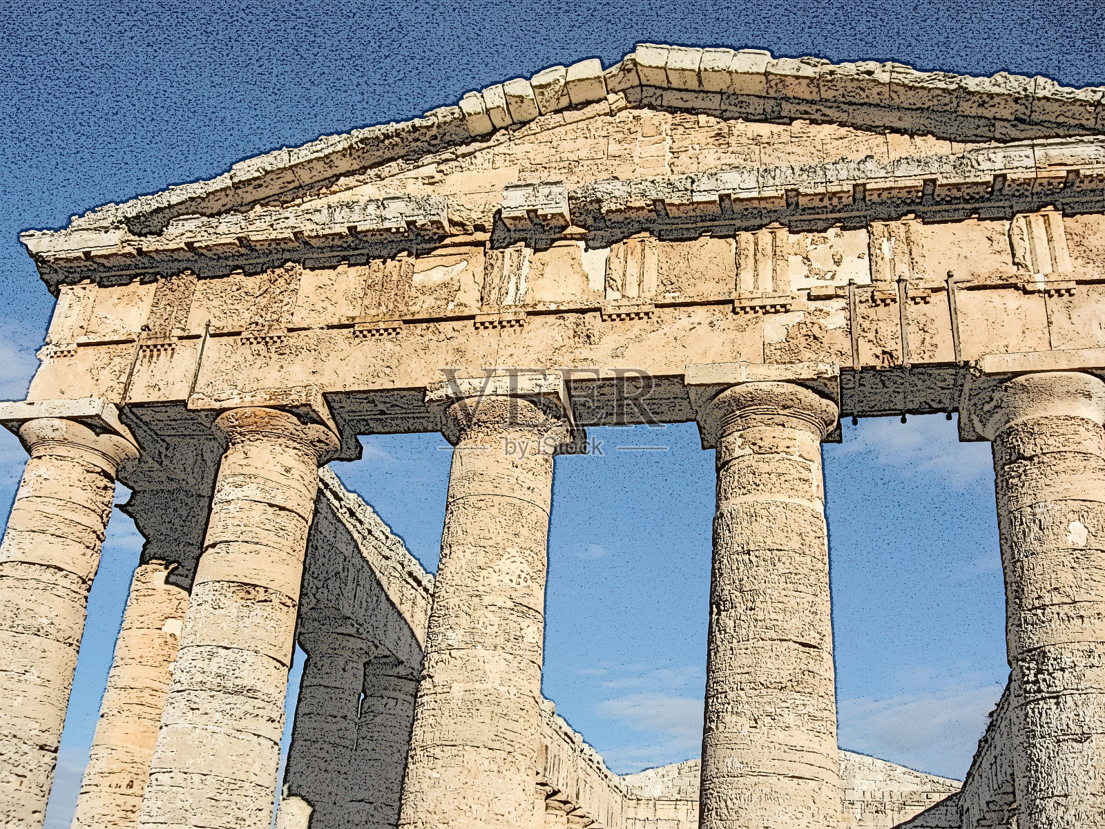 意大利西西里岛塞格斯塔的多立克柱式神庙：古希腊建筑古迹的古老遗址，数字彩色插图照片摄影图片