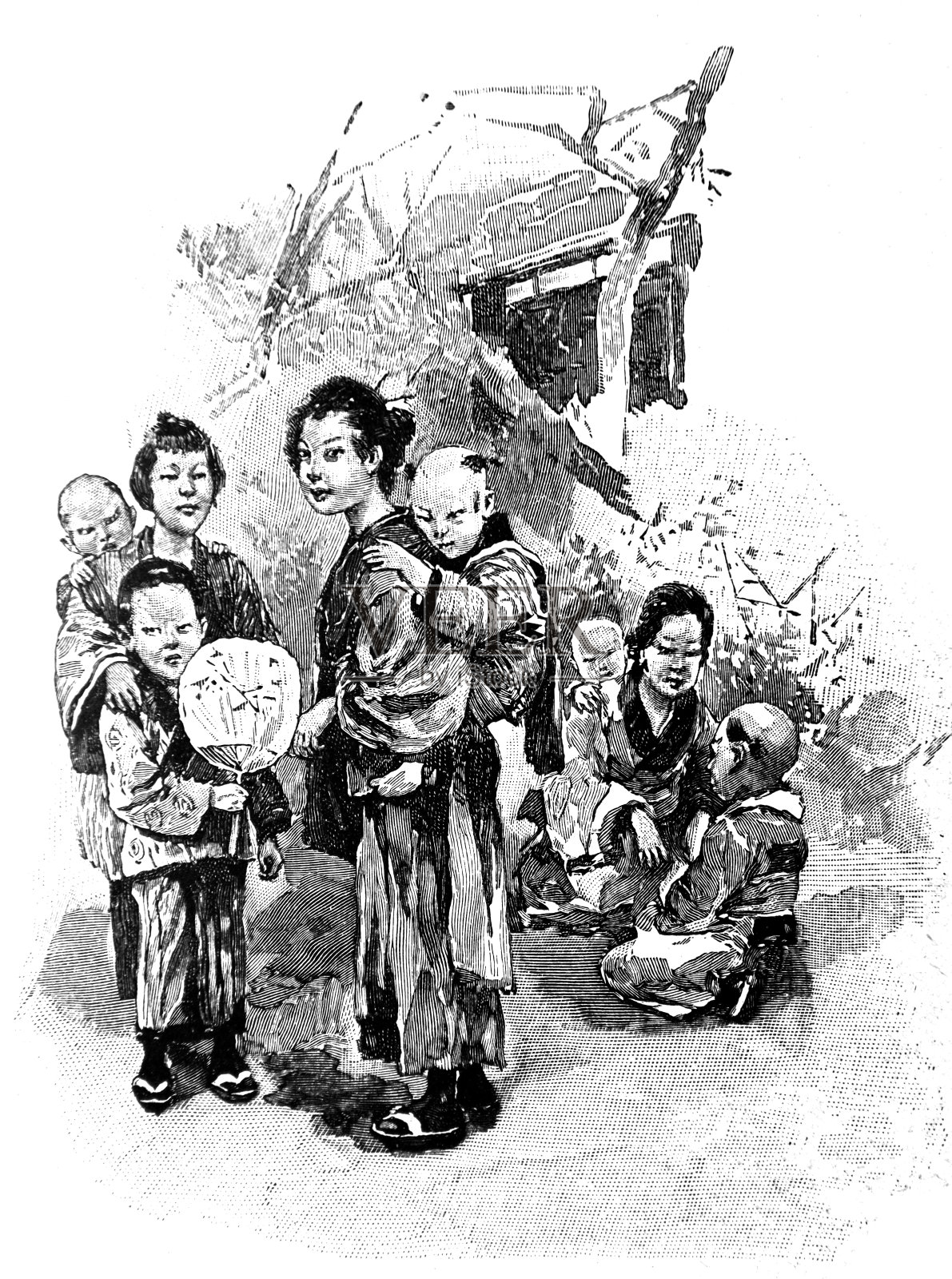 1896年，一群亚洲妇女带着孩子站在房子前面插画图片素材