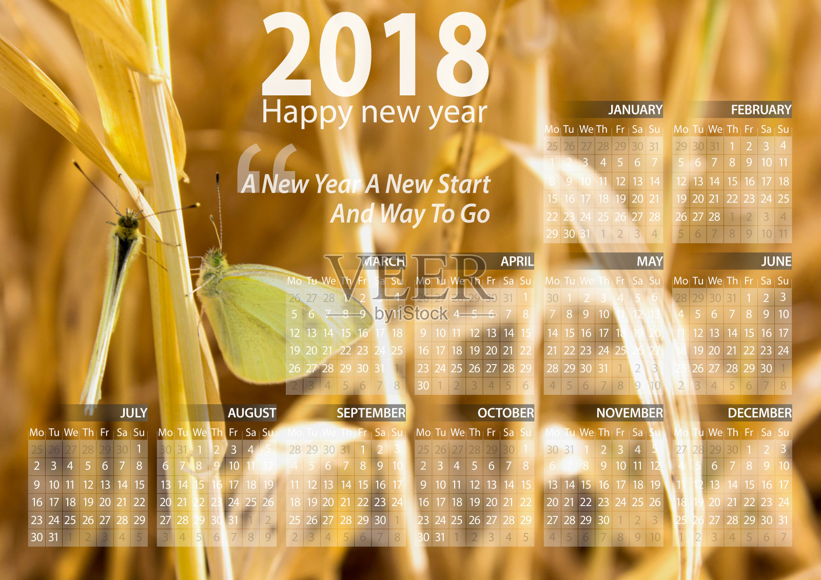 日历2018年以蝴蝶动物为背景祝新年快乐照片摄影图片