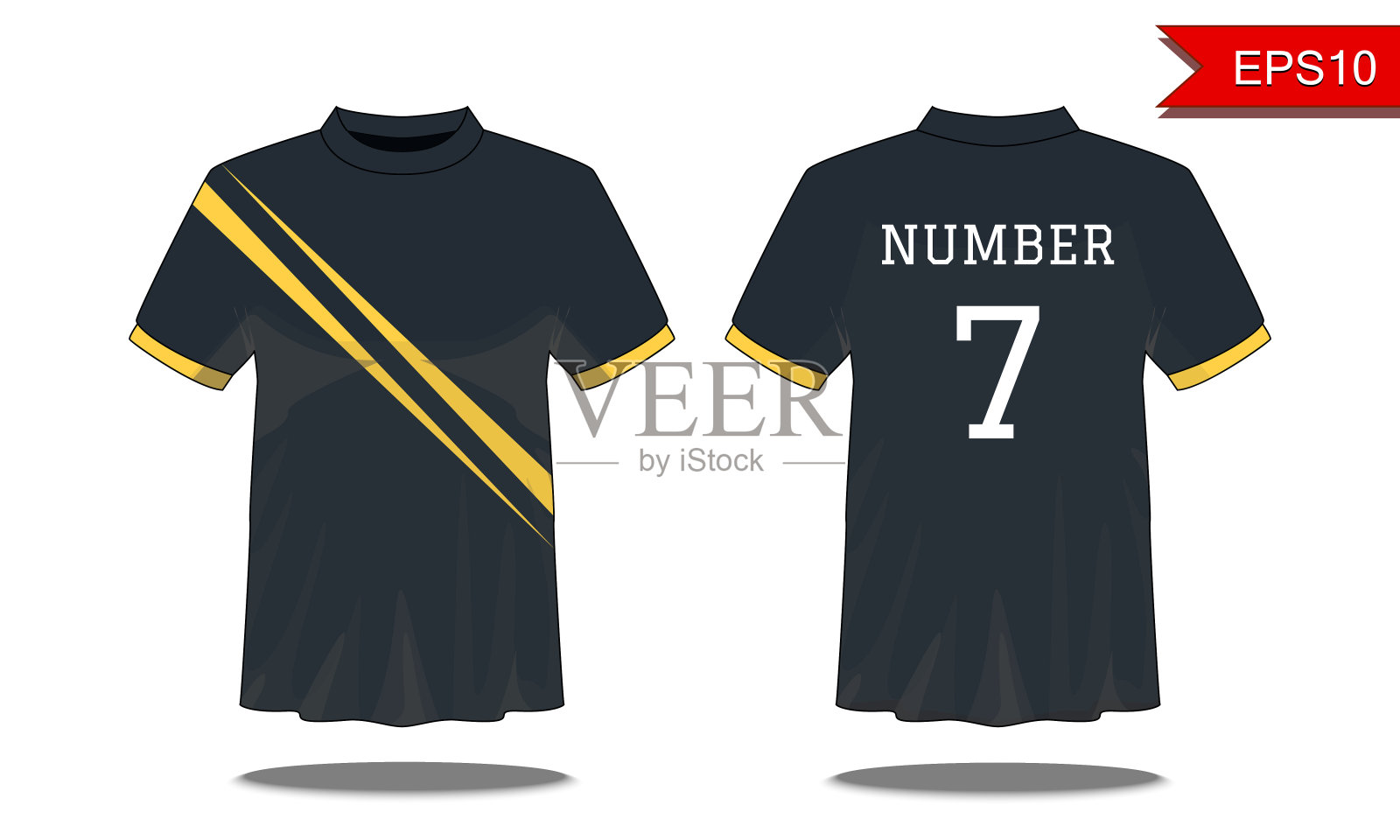 运动男子短袖t恤在前面和后面的观点。黑色与黄色条纹和可编辑的颜色设计。模拟运动服装的概念。运动与时尚主题。EP10矢量插图。插画图片素材