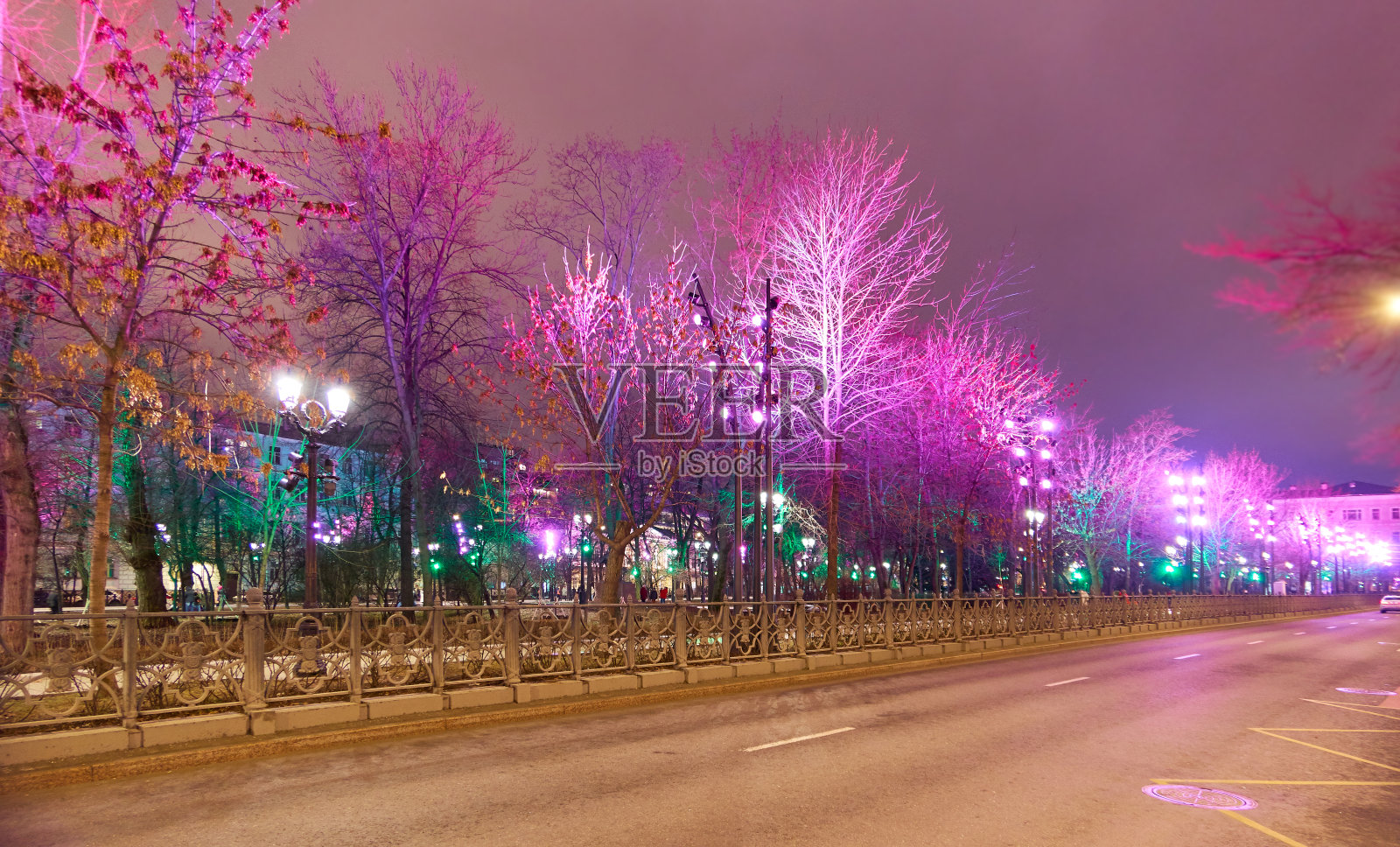 莫斯科市中心用彩色LED灯装饰的街道树木（新年除夕）照片摄影图片