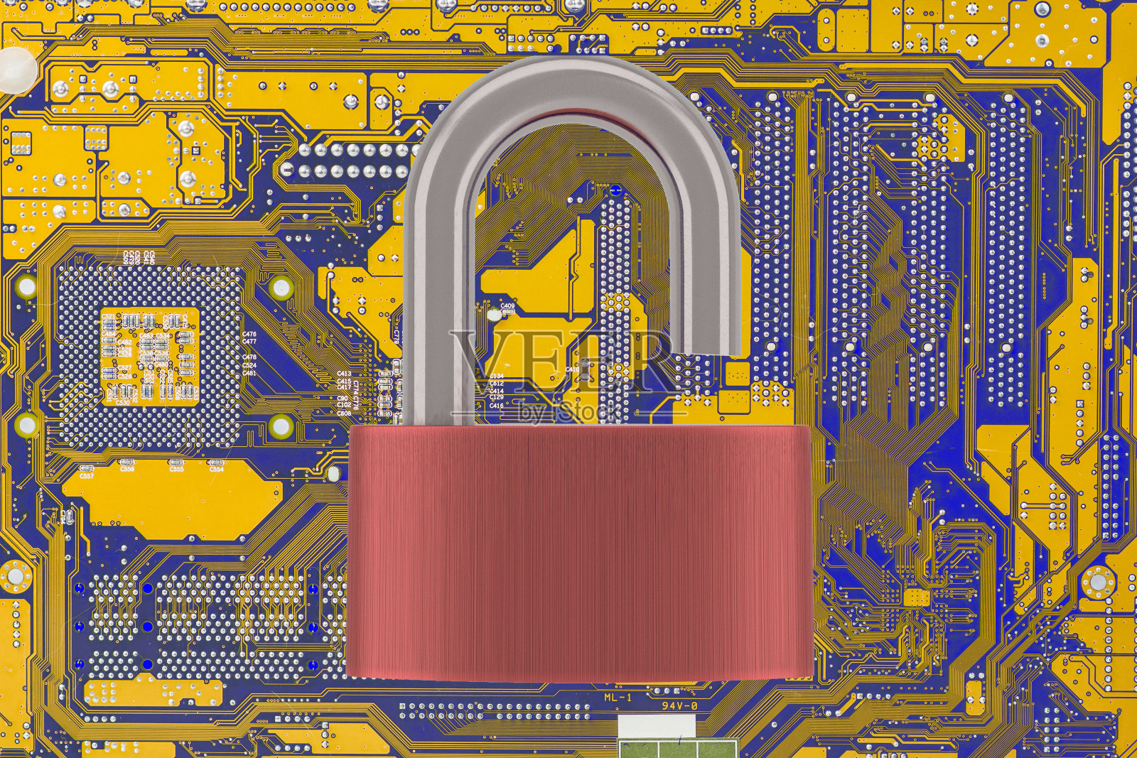 电脑主板与解锁挂锁照片摄影图片