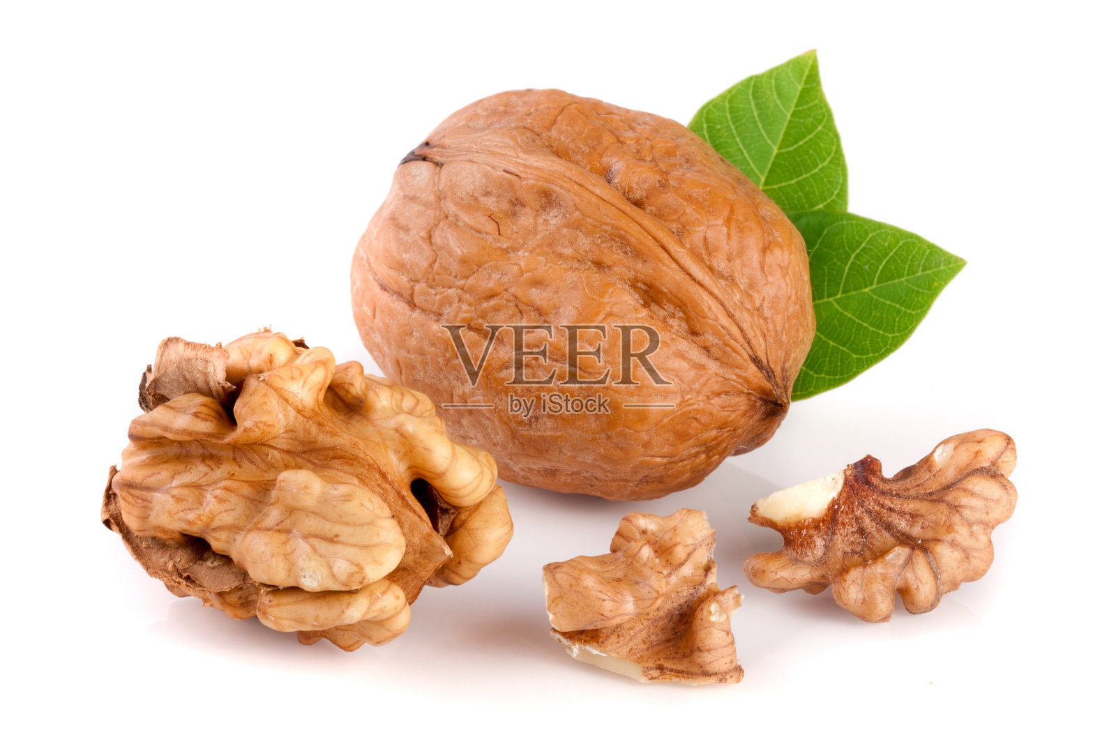 带叶核桃，白色背景隔离照片摄影图片