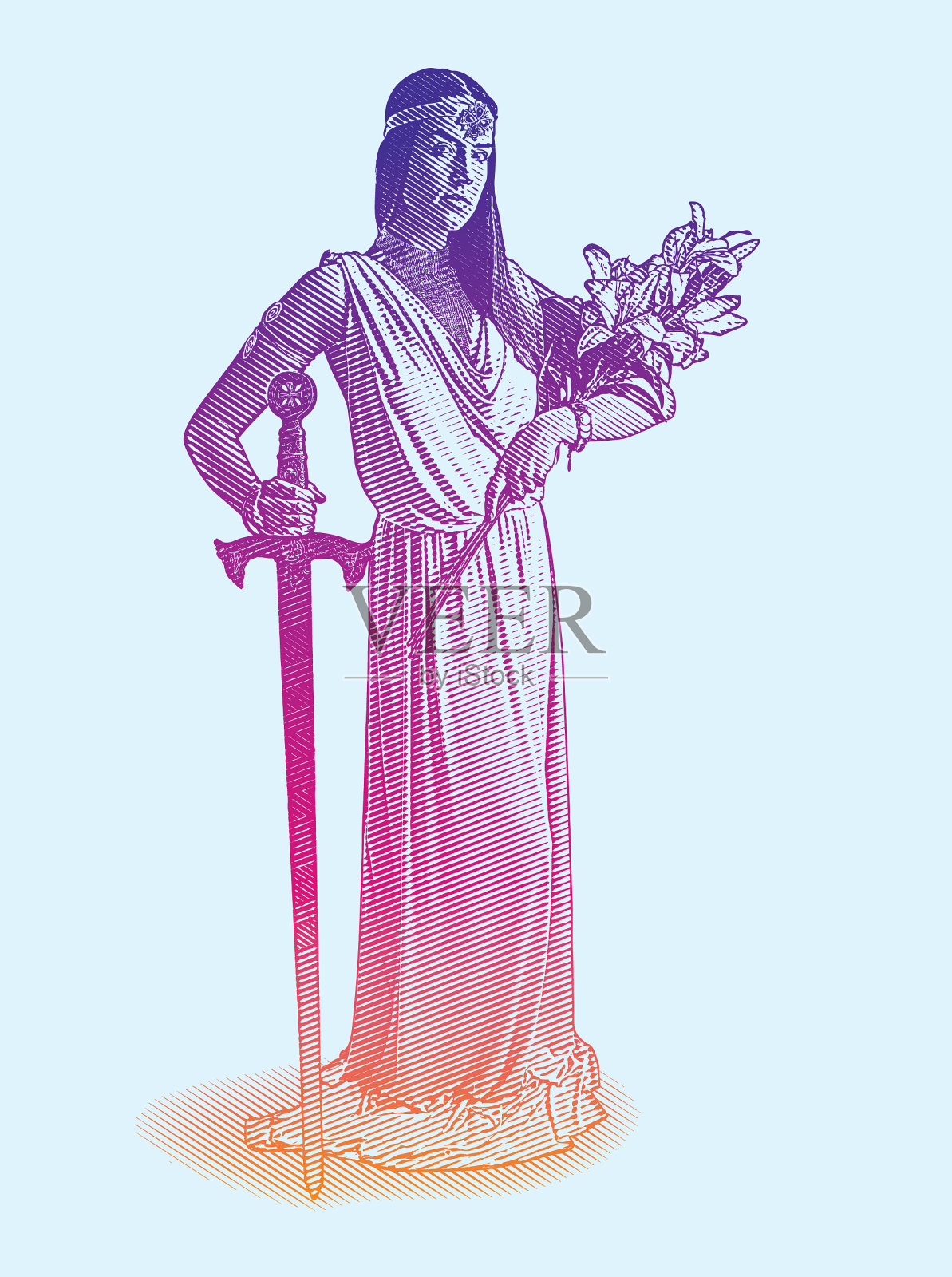 矢量雕刻一个美丽的女神拿着剑和百合的花束插画图片素材