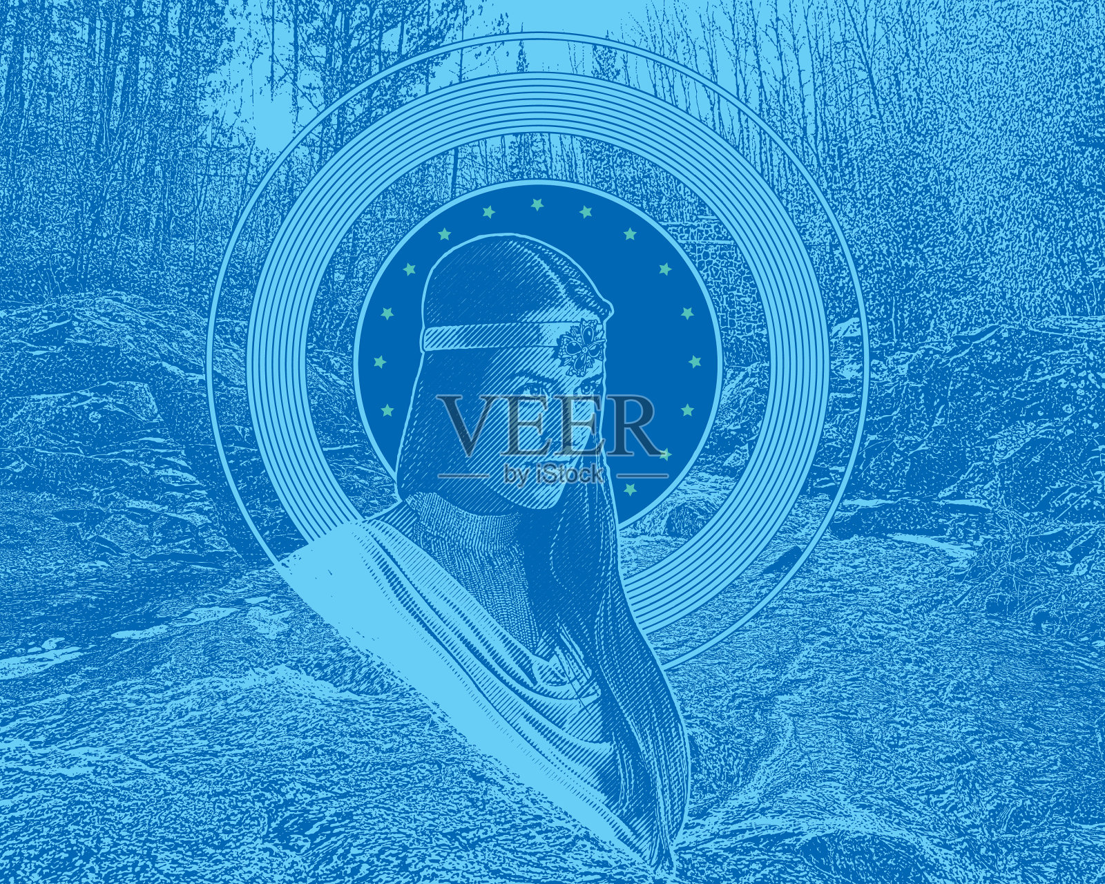 雕刻和点画向量的母亲自然与溪流和森林背景插画图片素材